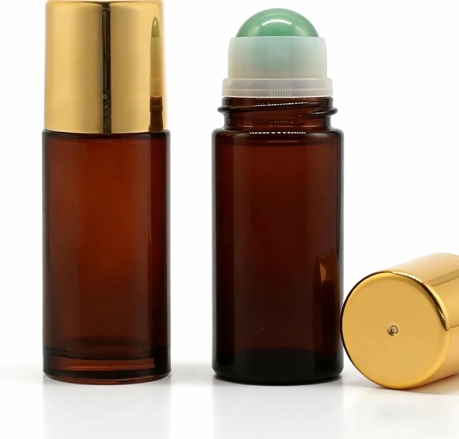 Roll-On 50ml Vuoto (Confezione da 2) in Vetro Ambra con Sfera in Quarzo Rosa e Pietra Verde – Flacone per Olio Essenziale, Deodorante Fai da Te – Include Apriscatole
