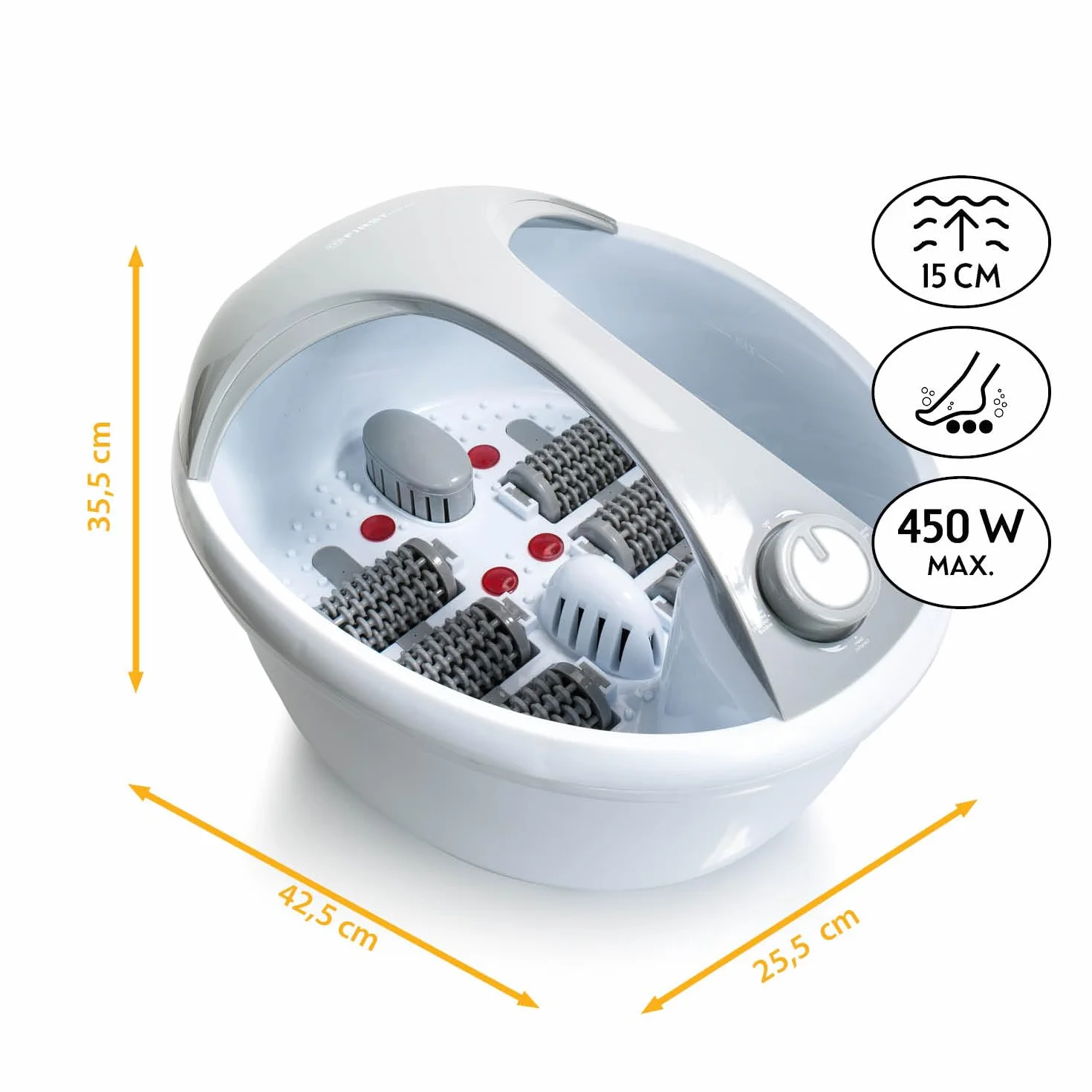 TZS First Austria - Pediluvio Massaggiatore - 450W - 3 Impostazioni & 6 Rulli Massaggianti - Idromassaggio Plantare Elettrico con Riscaldamento - Maniglia & Box Aroma