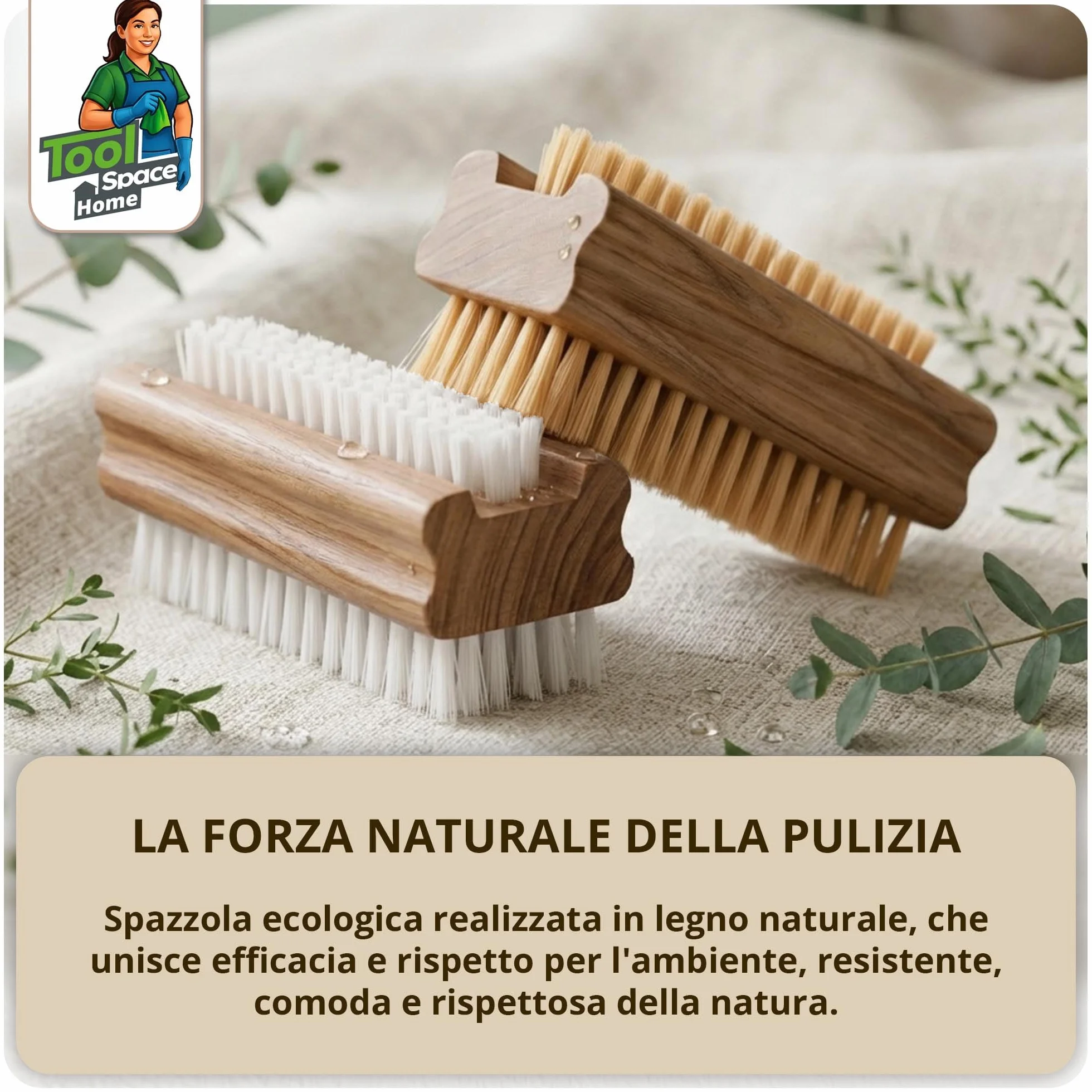 ToolSpace Spazzola per la Mano in Legno Faggio Spazzolina per Pulizia Unghie Mani e Piedi Setole Naturale Manicure Pedicure