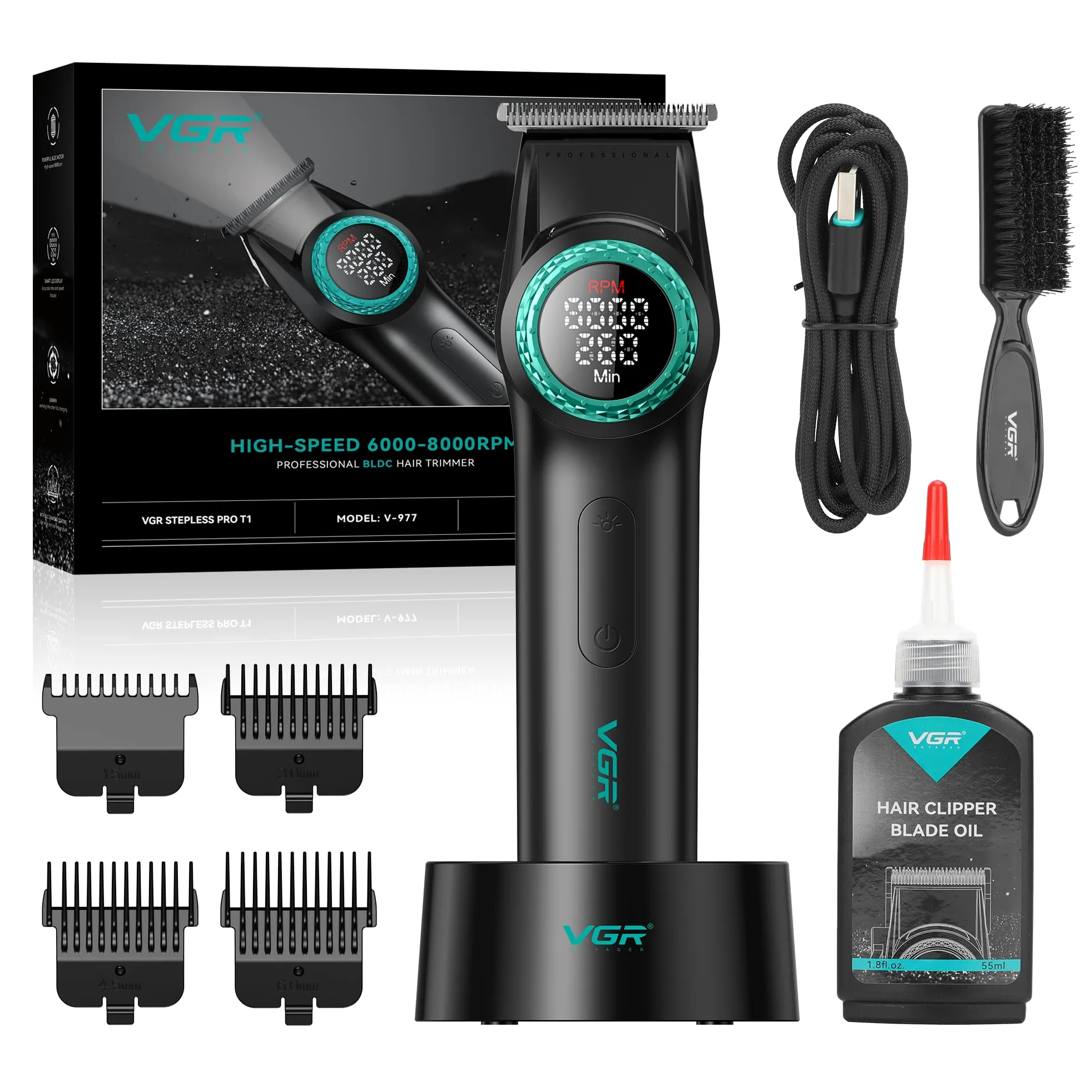 VGR Regolabarba professionale per uomo, batteria ricaricabile USB senza fili, motore elettrico BLDC 8000 giri/min, DLC + lame in ceramica, lineup barbiere, bordatura, contorni, dettagli, toelettatura