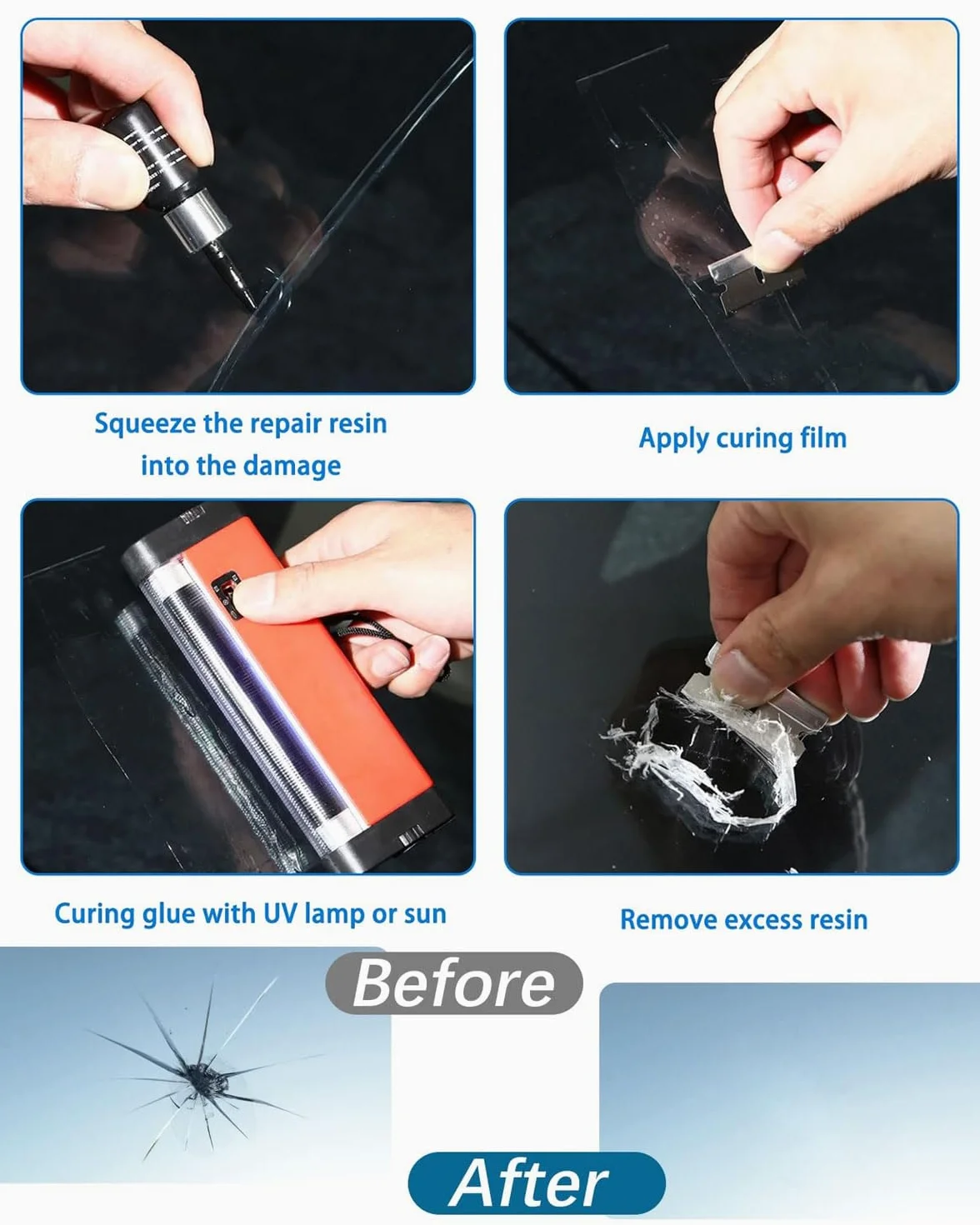 Kit Riparazione Parabrezza Auto, Liquido e Colla per Riparazione Crepe Vetro