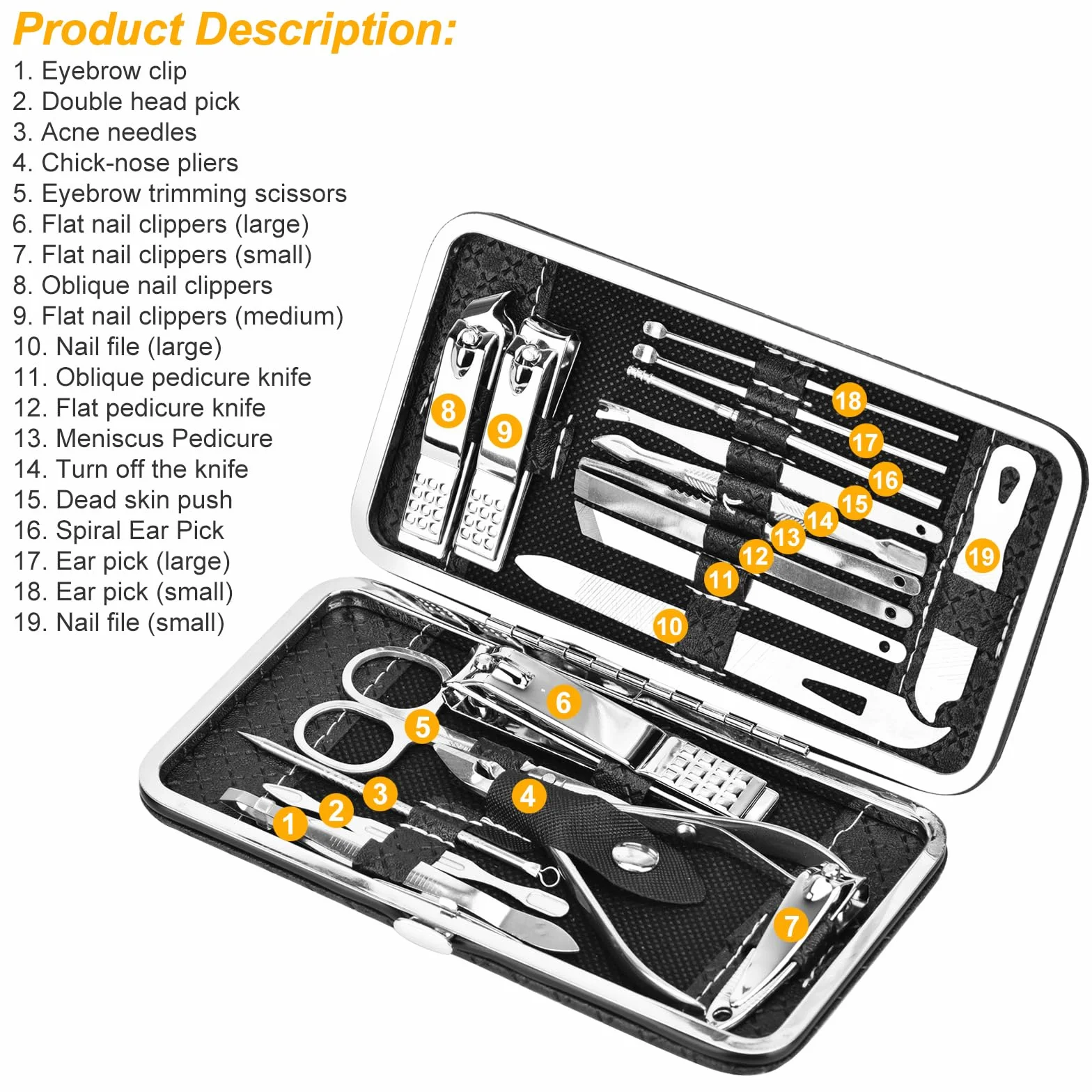 Set manicure 19 pezzi tagliaunghie acciaio inox pusher cuticole lime unghie