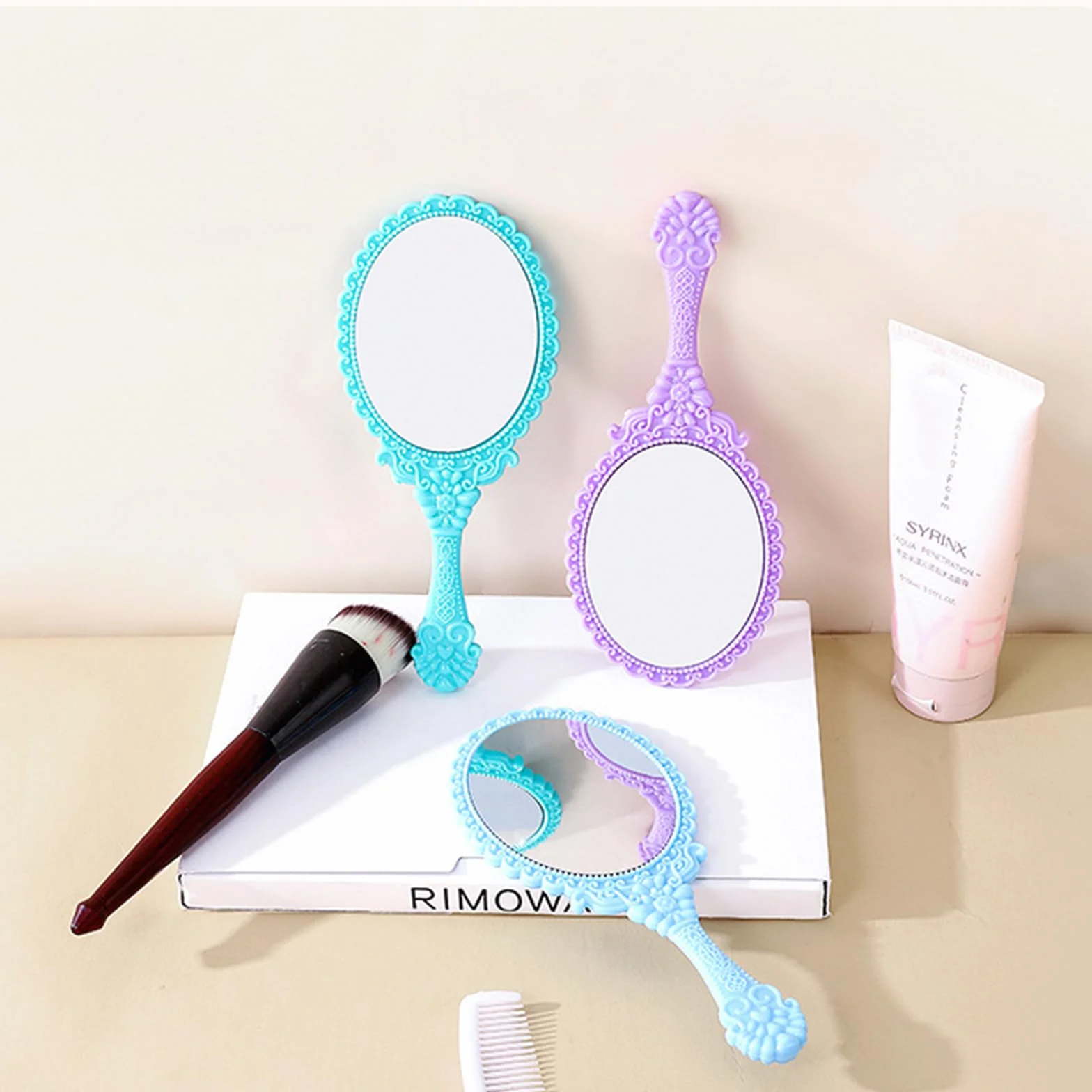 6PCS Specchietti Trucco con Manico per Viaggi Specchi Cosmetici Portatili, Casa e Campeggio - Colori Vivaci e Resistenti - 7 Pollici Lungo