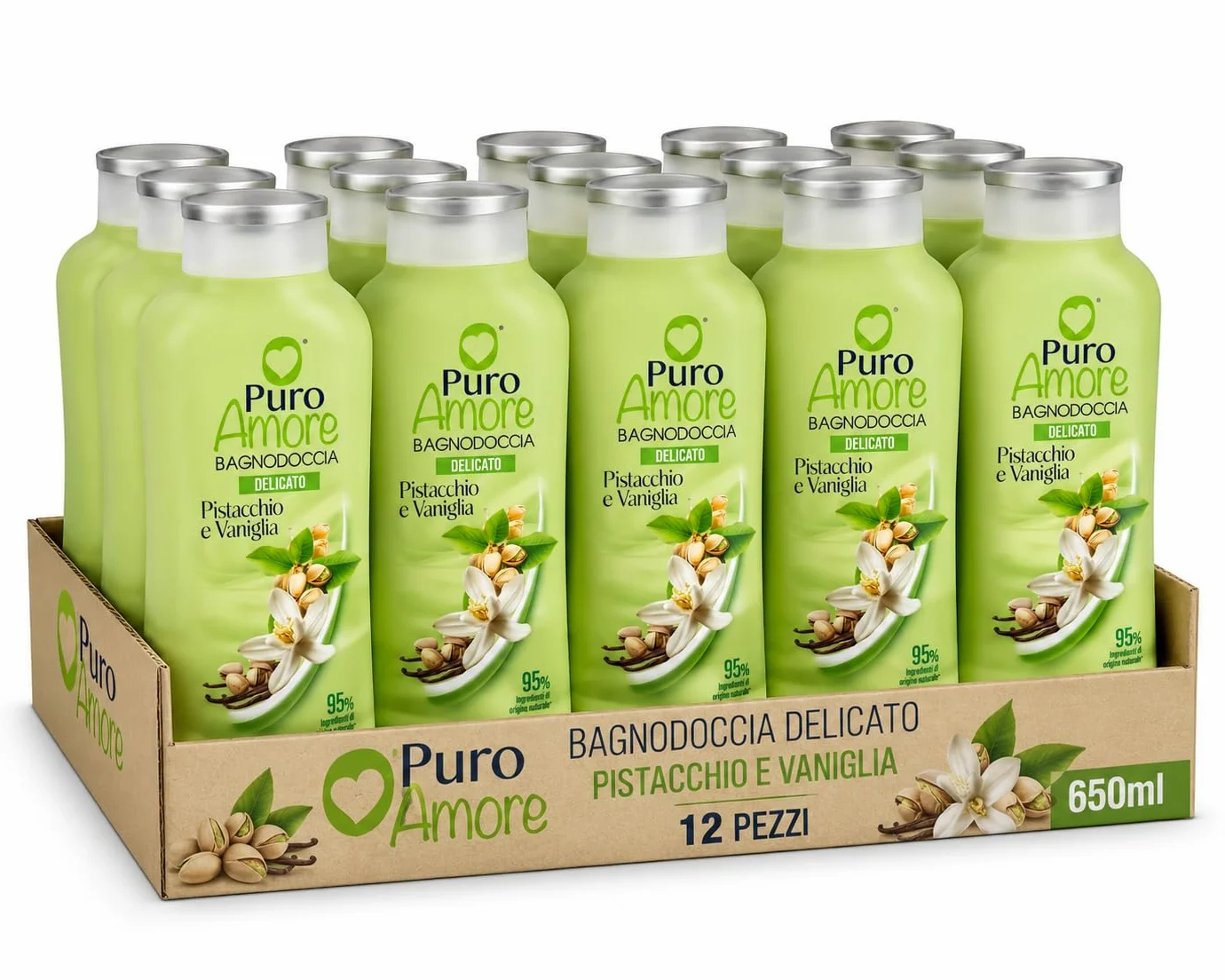 Bagnodoccia Delicato Pistacchio e Vaniglia 650 ml, Profumazione Dolce e Avvolgente, 95% Ingredienti di Origine Naturale, Made in Italy, Varianti 3 Pezzi 6 Pezzi 12 Pezzi (12 x 650 ml)