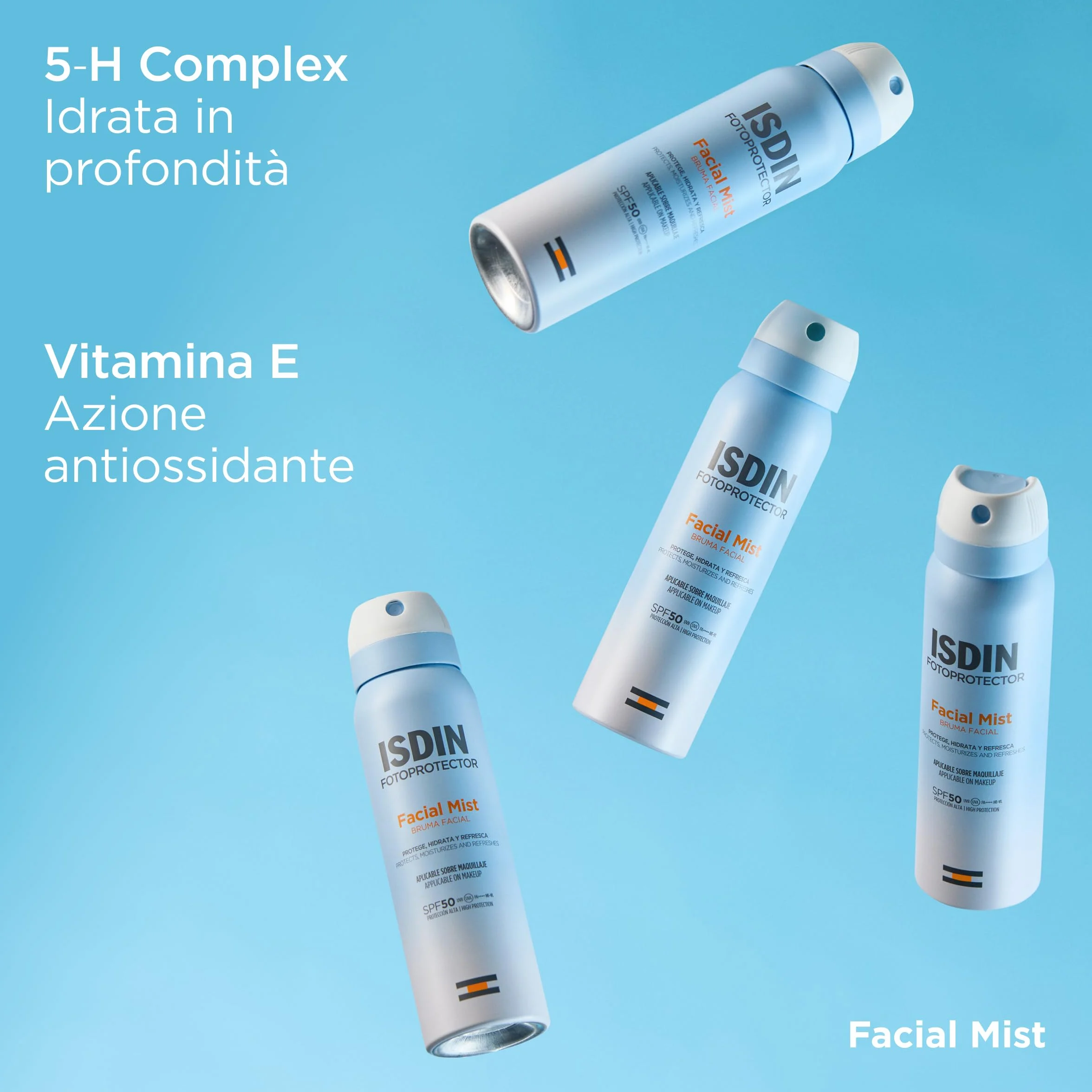 ISDIN Facial Mist SPF 50 100 ml Nebbia Solare Viso Protegge Idrata Fissa Trucco Resistente all'Acqua