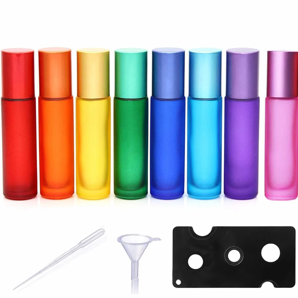 8 Pezzi 10ML Bottiglie Colorate a Rullo in Vetro Spesso, Rotolo di Vetro Vuoto,con Sfere a Rullo in Acciaio Inossidabile,per Oli Essenziali,Oli Profumi,Cosmetici,Massaggi