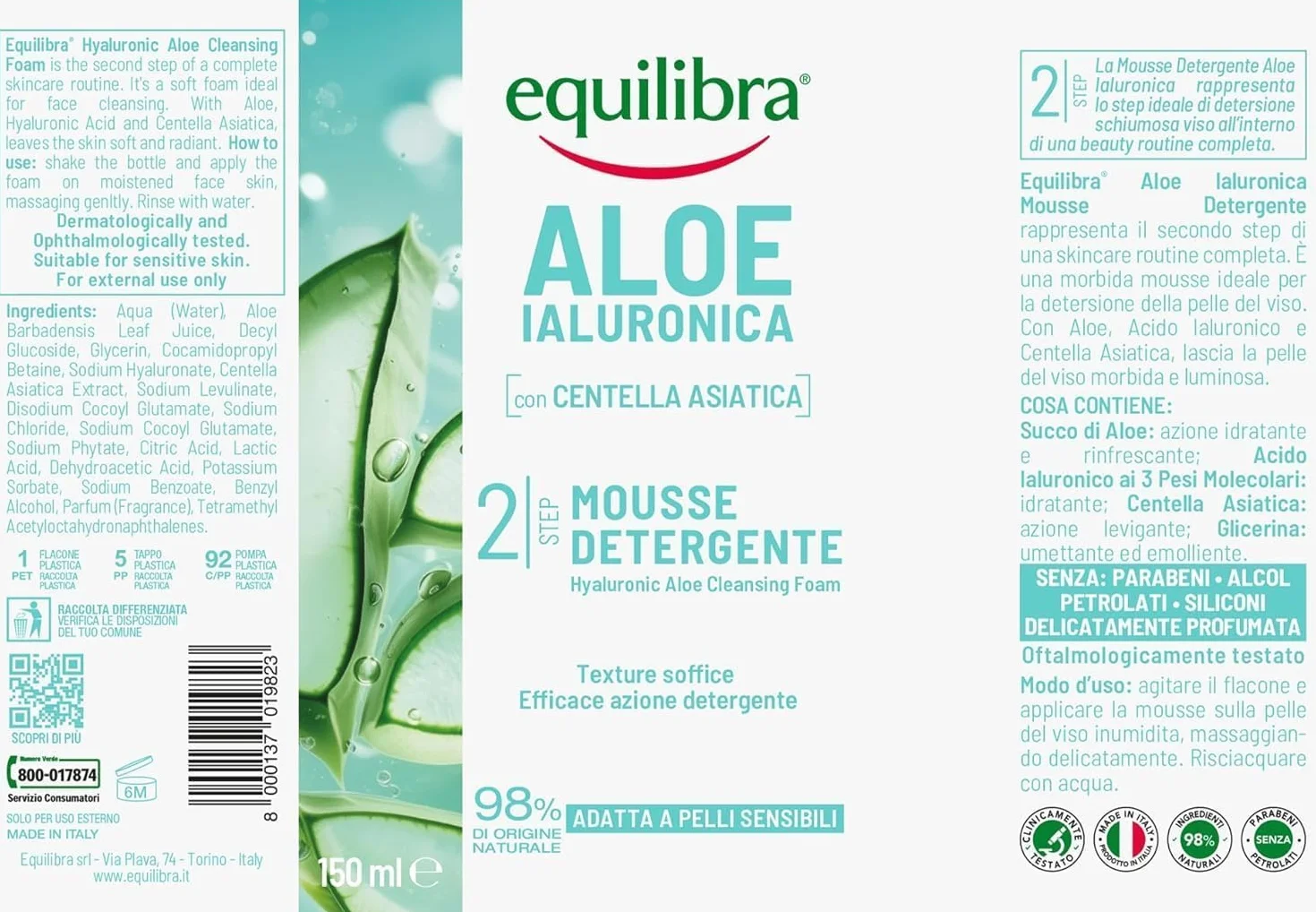 Equilibra Aloe Ialuronica Mousse Detergente Viso 150ml con Succo di Aloe e Acido Ialuronico per Pelli Sensibili