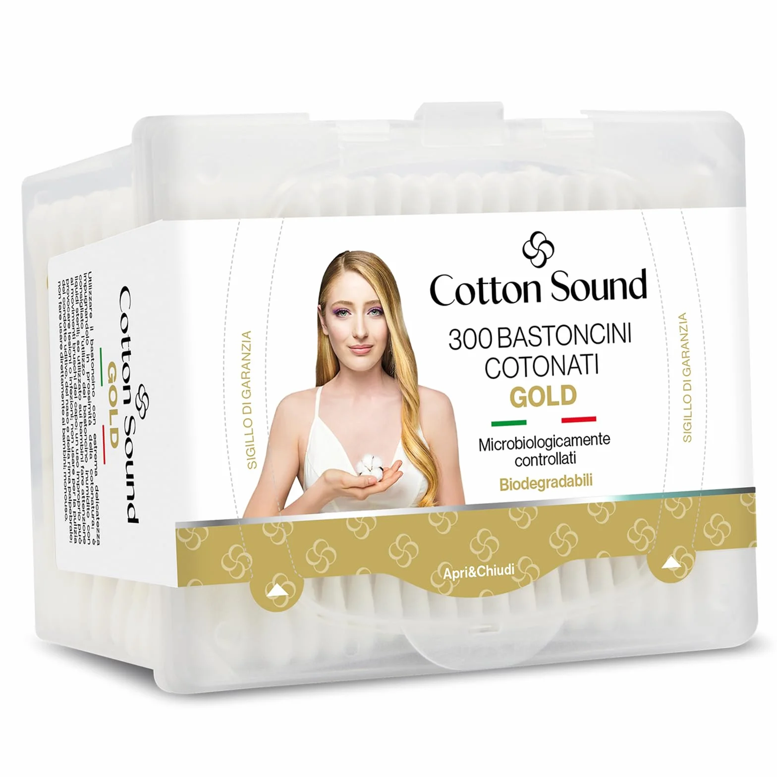 Bastoncini Cotonati Cotton Sound GOLD 300 Pezzi, Carta Biodegradabile, 100% Cotone Idrofilo, Made in Italy