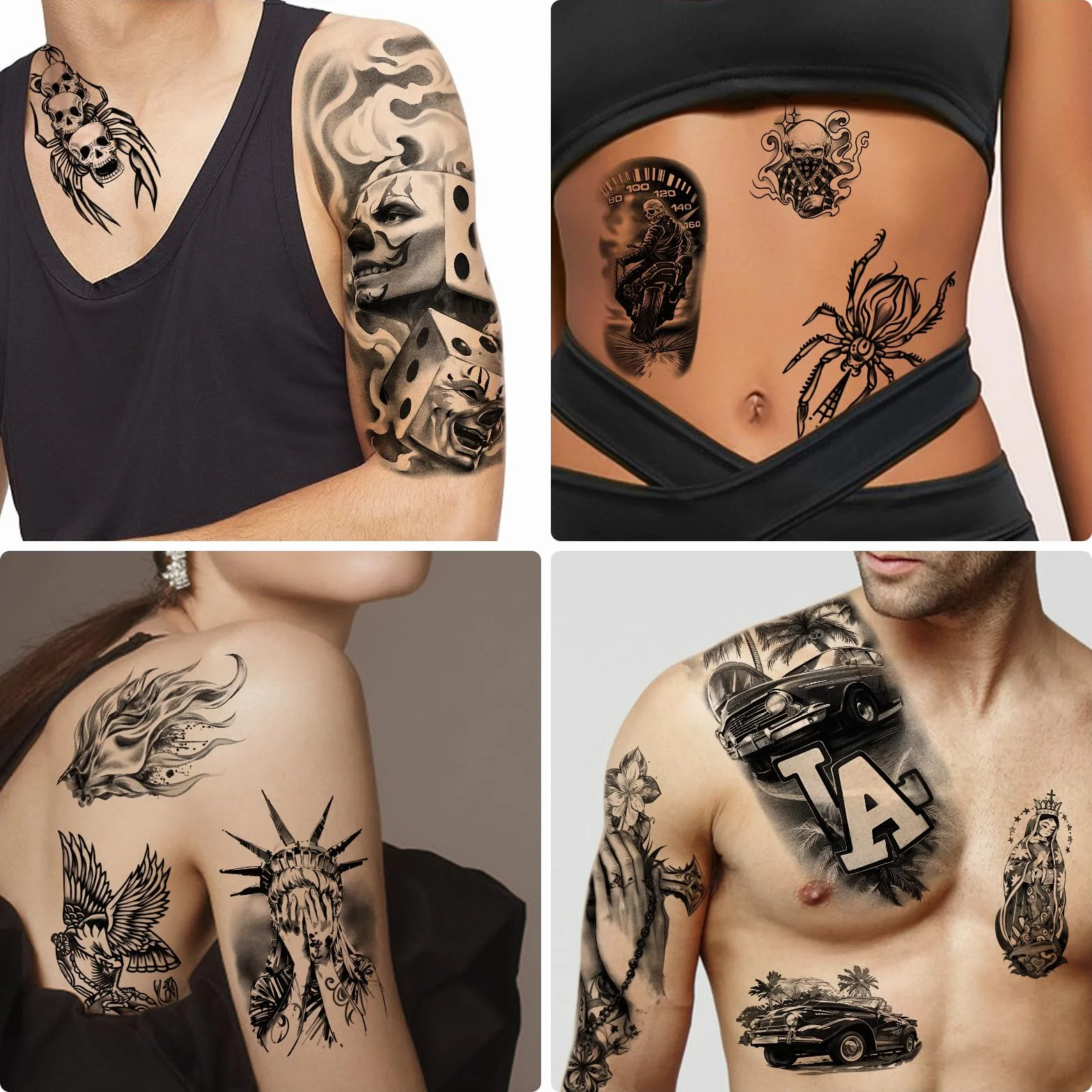 77 Fogli Tatuaggi Temporanei, Tatuaggi Finti Chicano Guadalupe Gangster Prigioniero Giorno dei Morti, Cultura Lowrider Messico Clown Tatuaggio Finto per Uomini Donne Adulti