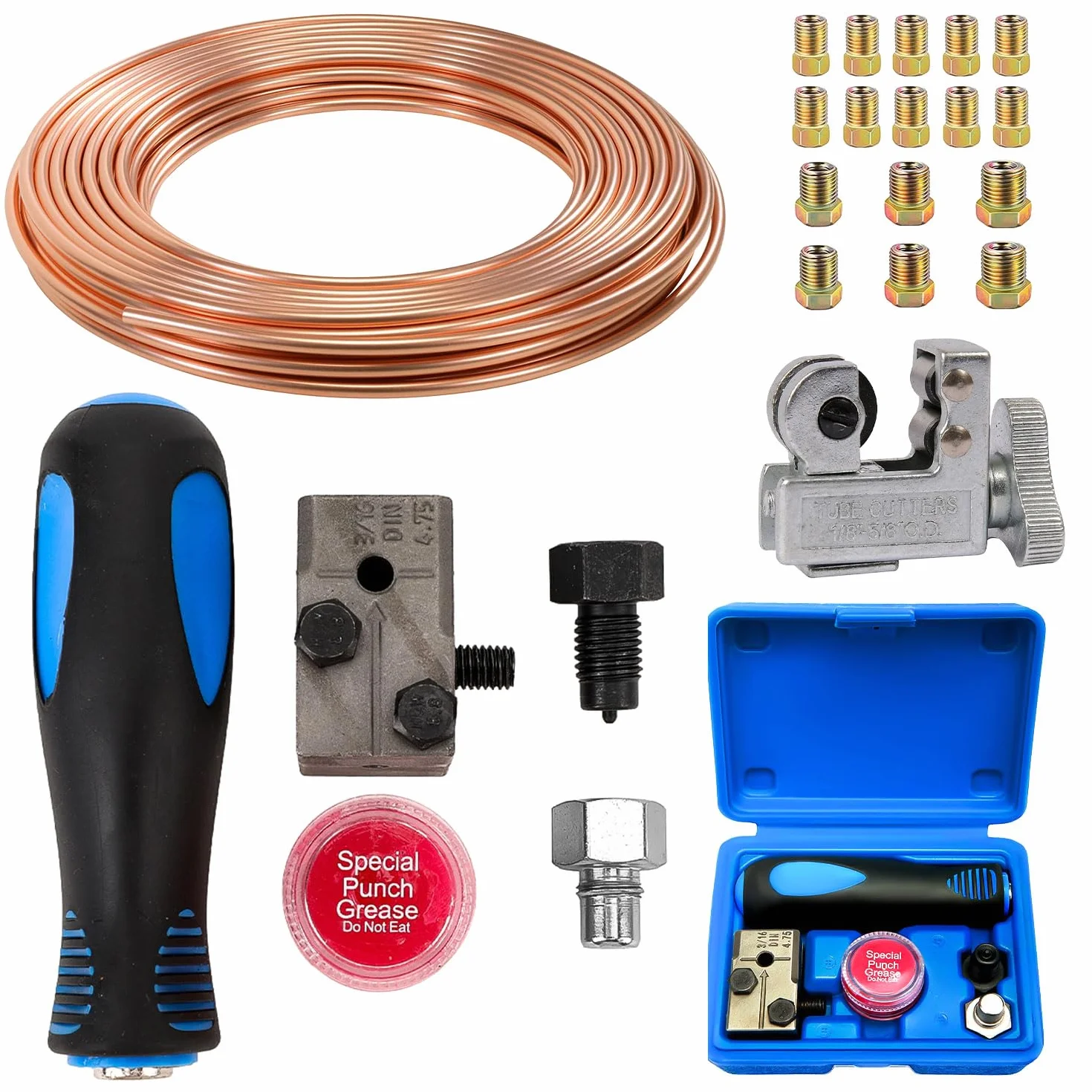Kit Universale per Svasatura Tubi Freni 4,75 mm, Tubo Freno 4,76 mm x 7,62 m, 16 Raccordi 25FT