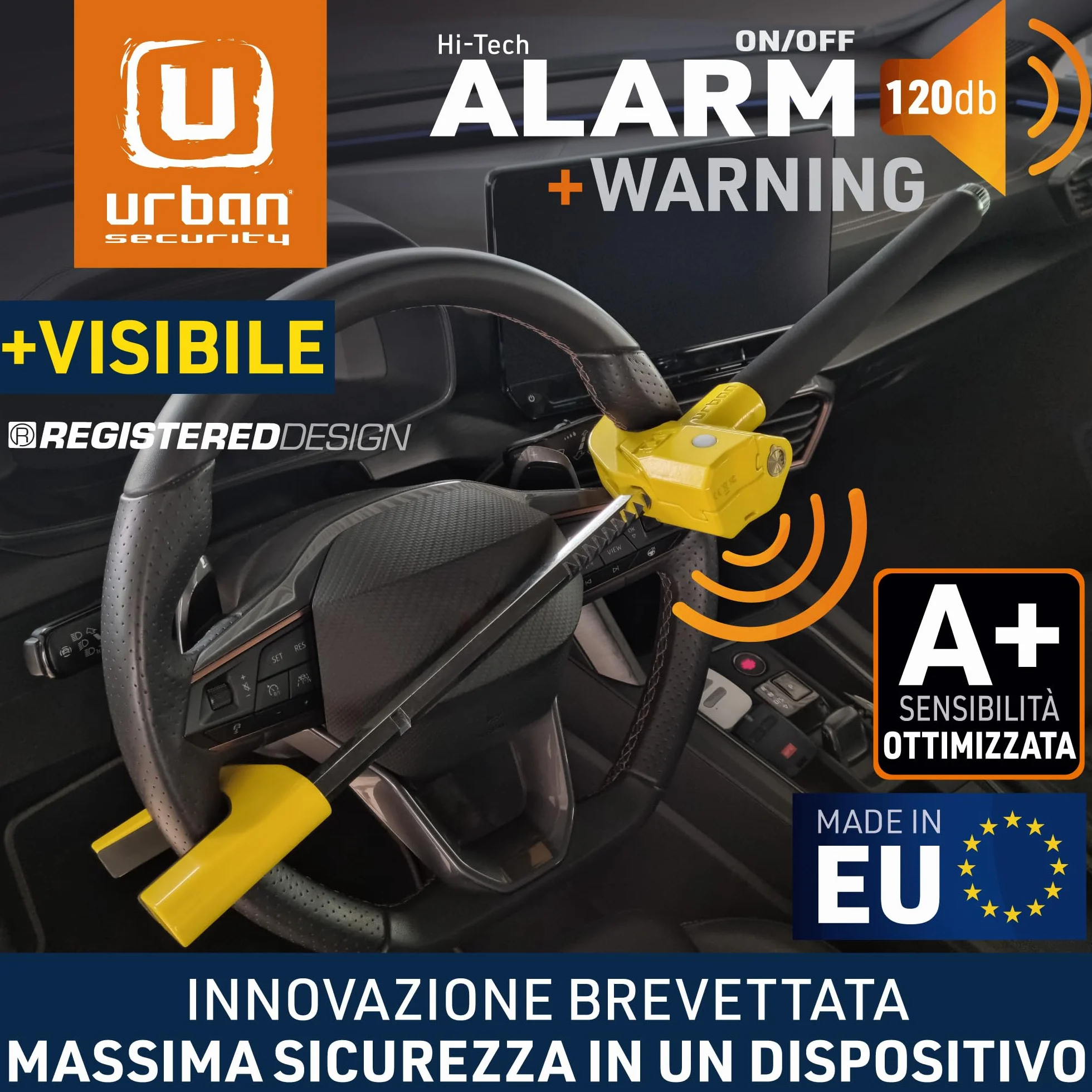 URBAN UR978Y Antifurto Auto Doppia Sicurezza Blocca Sterzo 120dB LED Bloccaggio Automatico Blocco Volante Meccanico Universale