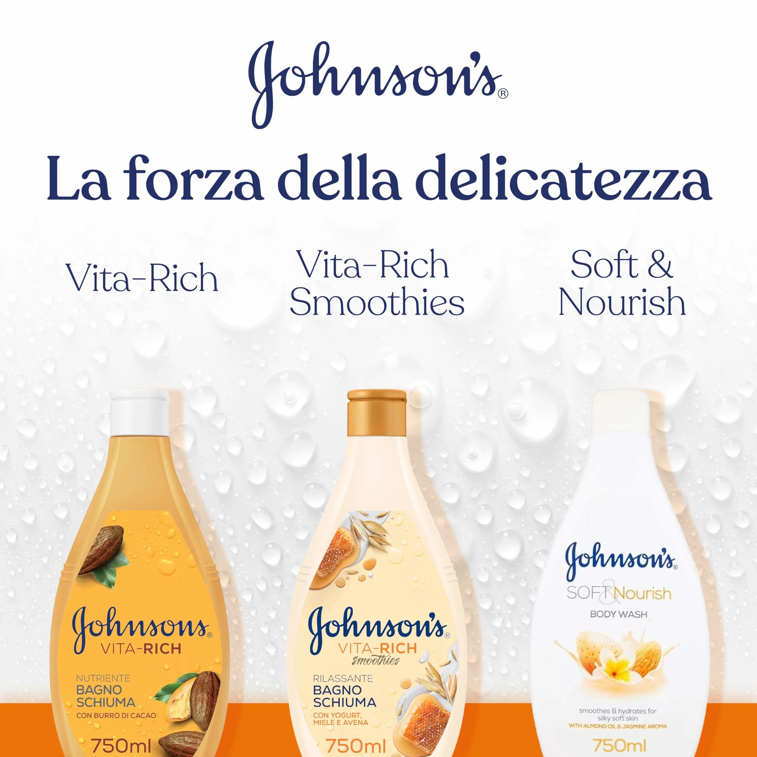 Johnson's Vita-Rich Bagnoschiuma Nutriente, Bagnodoccia con Burro di Cacao e Glicerina di origine vegetale, Docciaschiuma delicato e idratante per una pelle profumata e dall'aspetto sano, 750 ml