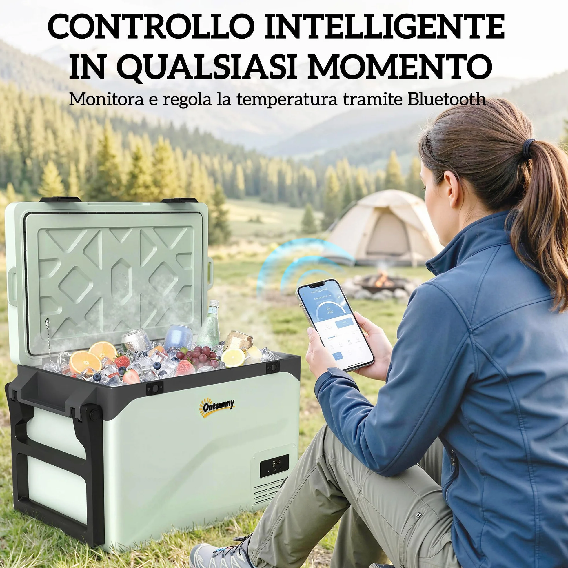 Outsunny Frigorifero Portatile Auto 42.5L Compressore Elettrico Anti-Shock APP Bluetooth 12V/24V/240V -20°C-20°C