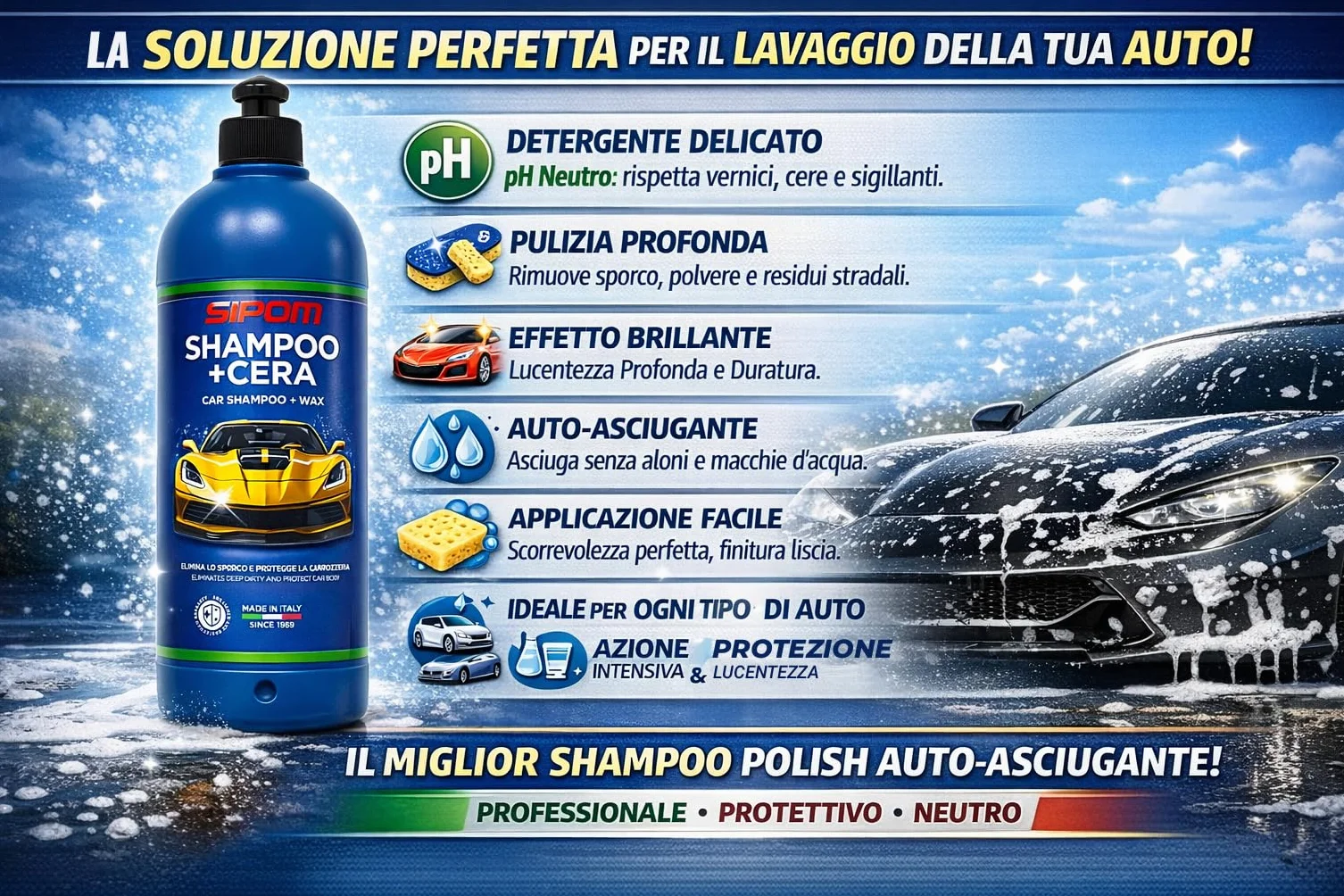 SIPOM Shampoo Auto Professionale con Cera Carnauba pH Neutro 500 ml