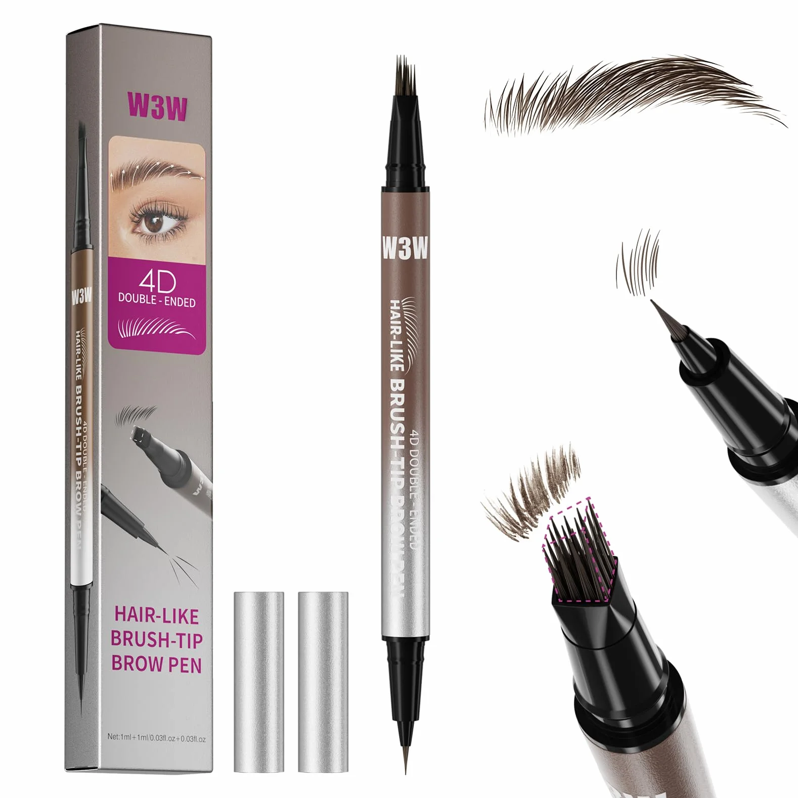 W3W 4D matita sopracciglia make up, penna sopracciglia effetto pelo,matita sopracciglia microblading,waterproof eyebrow pencil,4D Quadrato angolato + Ultra-Fine,02 Medium Brown(Marrone medio)