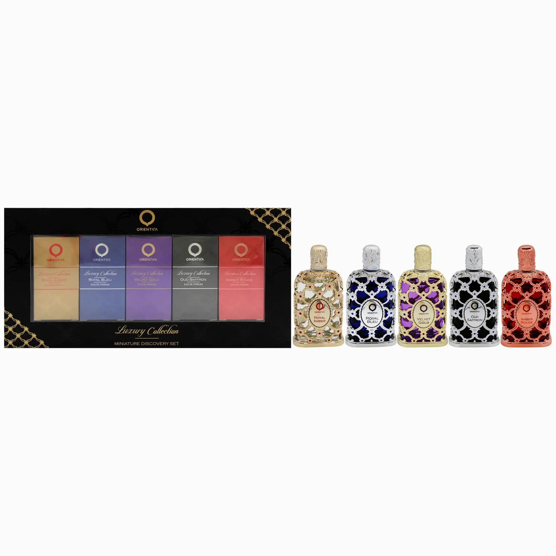 Orientica Luxury Collection Set Discovery Miniature Eau de Parfum 5 Pezzi (5 x 7.5 ml) – Amber Rouge, Royal Amber, Oud Saffron, Velvet Gold e Royal Bleu – Profumo Arabo Unisex per Donna e Uomo