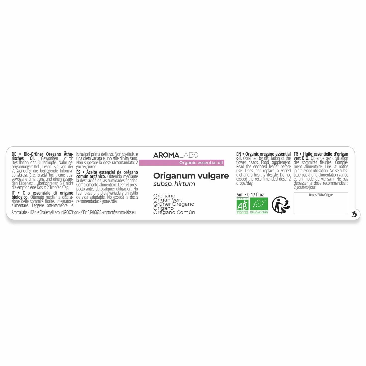 Olio Essenziale Origano Verde BIO Chemiotipizzato Certificato AB 5 mL Aroma Labs Difese naturali Made in France