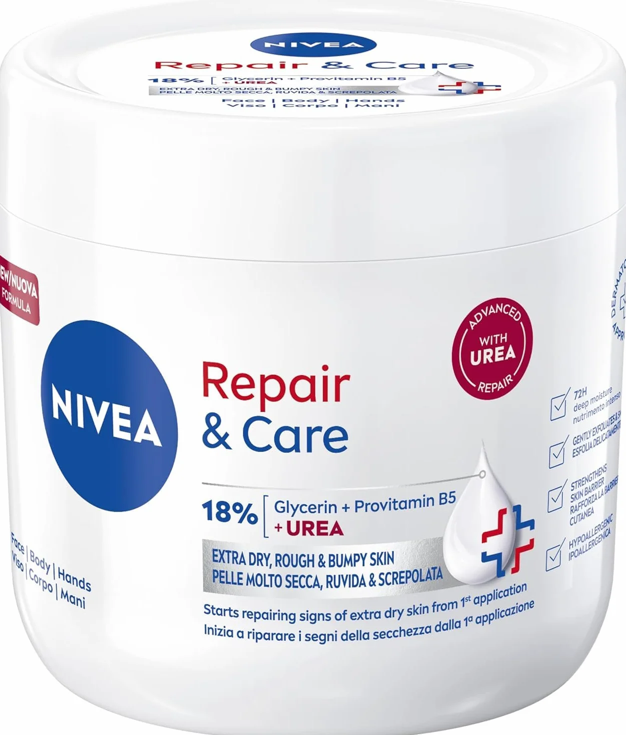 NIVEA Repair & Care Urea 400 ml, Crema corpo idratante pelle secca, molto secca, ruvida e screpolata, Crema multiuso per corpo, viso e mani nutriente 72H con 15% Glicerina e Urea