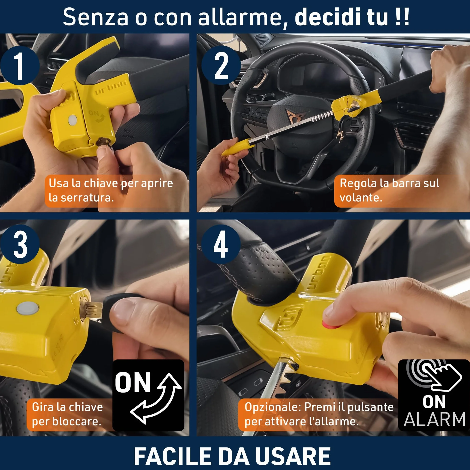 URBAN UR978Y Antifurto Auto Doppia Sicurezza Blocca Sterzo 120dB LED Bloccaggio Automatico Blocco Volante Meccanico Universale