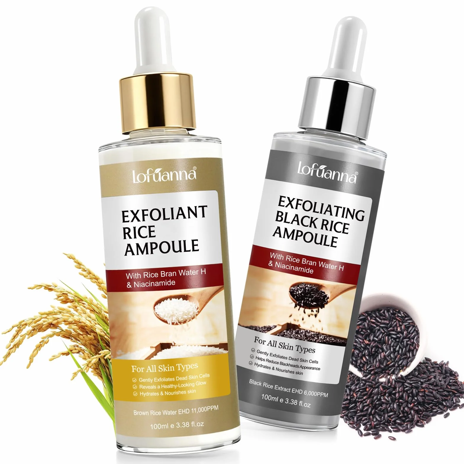 Siero Coreano Esfoliante al Riso Skincare,Peeling Viso Riso 100ml+ Riso Nero 100ml,Esfoliante Delicato con AHA BHA e Niacinamide, Rimuove Cellule Morte,Riduce Pori e Punti Neri,Pelle Liscia e Luminosa