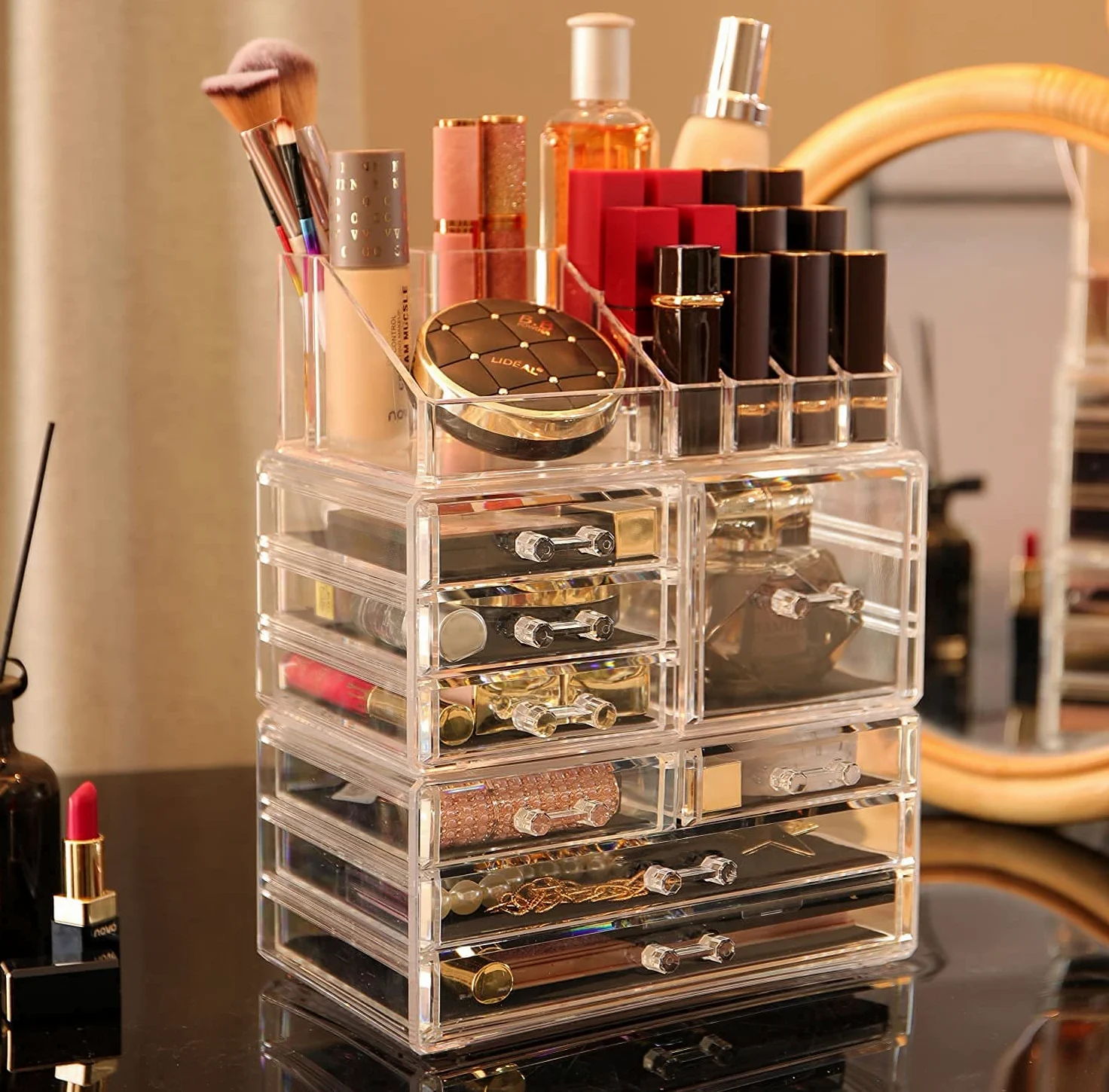 Cq acrylic Organizer per trucchi, organizer per trucchi e prodotti per la cura della pelle, con 8 cassetti per vanità, scrivania, bagno, organizer trasparente per cosmetici per la cura della pelle e