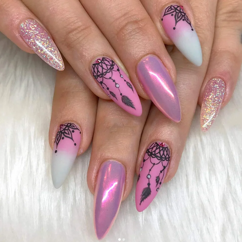 Set di 6 piastre per nail art, con 1 timbro trasparente, 1 raschietto (acchiappasogni, erba, motivi, foglie, coniglio, gatto)