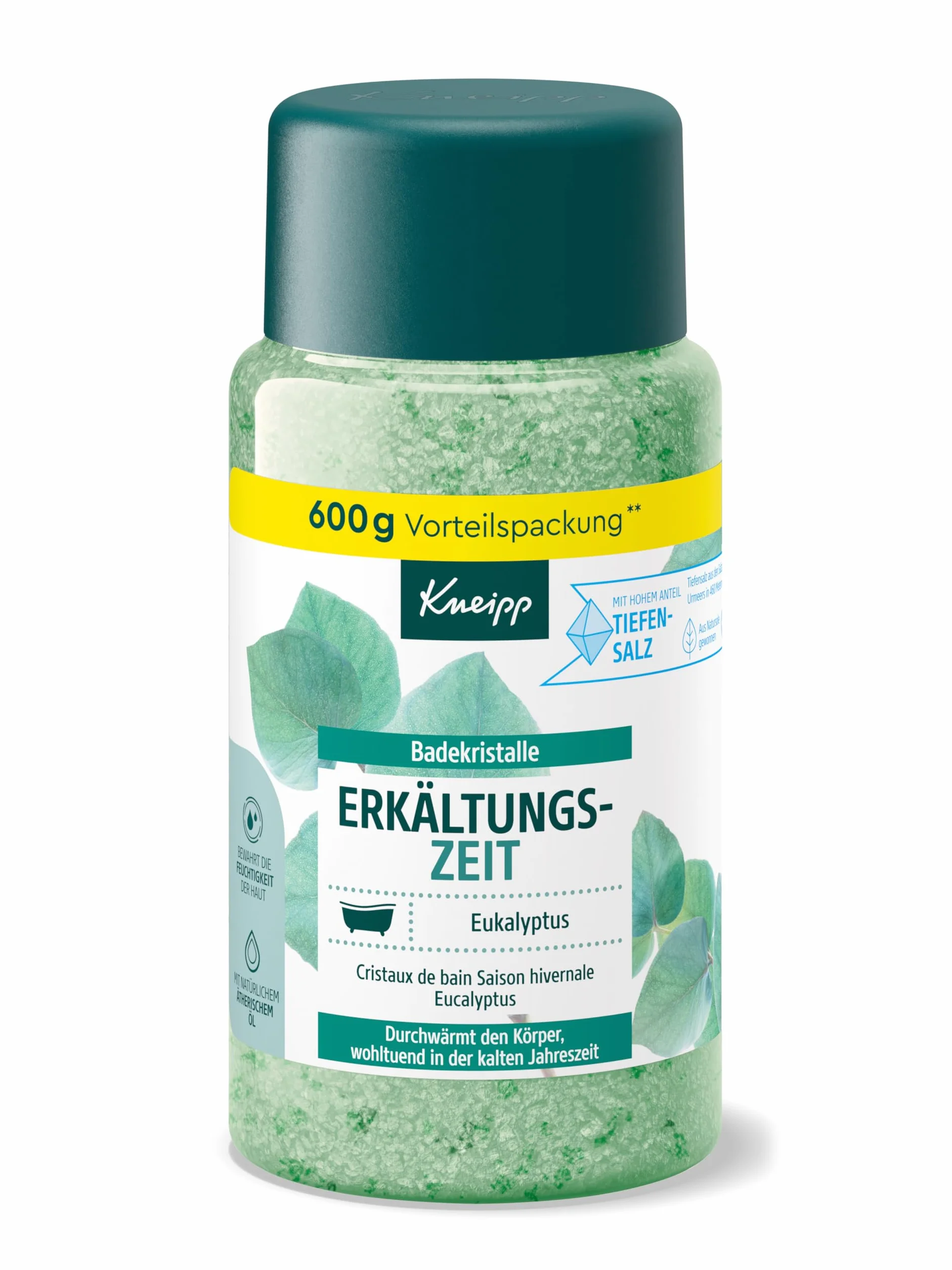 Kneipp Cristalli da bagno per il raffreddore – Sali da bagno – con sale naturale profondo della Saline Luisenhall & oli essenziali naturali di eucalipto e menta, effetto aromacologico – 600 g