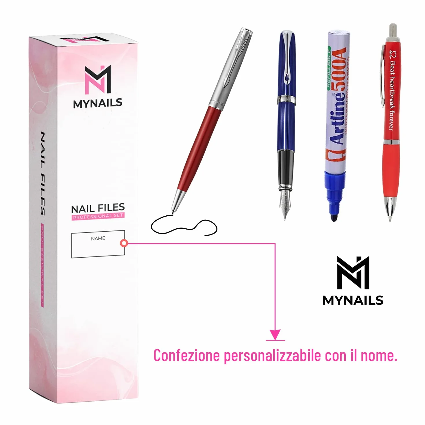 MYNAILS - Lima professionale per unghie, set di 5, 2 lime per unghie mezza luna 100/180, 2 buffer unghie bianche 180/180 e 1 lime per unghie Buffer mezzaluna rosa e bianco 100/180, confezione