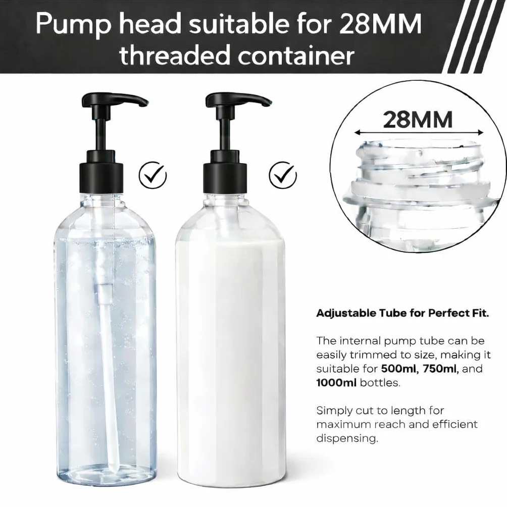 Dispenser universale a pompa, confezione da 2, si adatta alla maggior parte dei popolari shampoo, balsamo, dimensioni 1 litro, 1000 ml, 750 ml, 500 ml (nero)