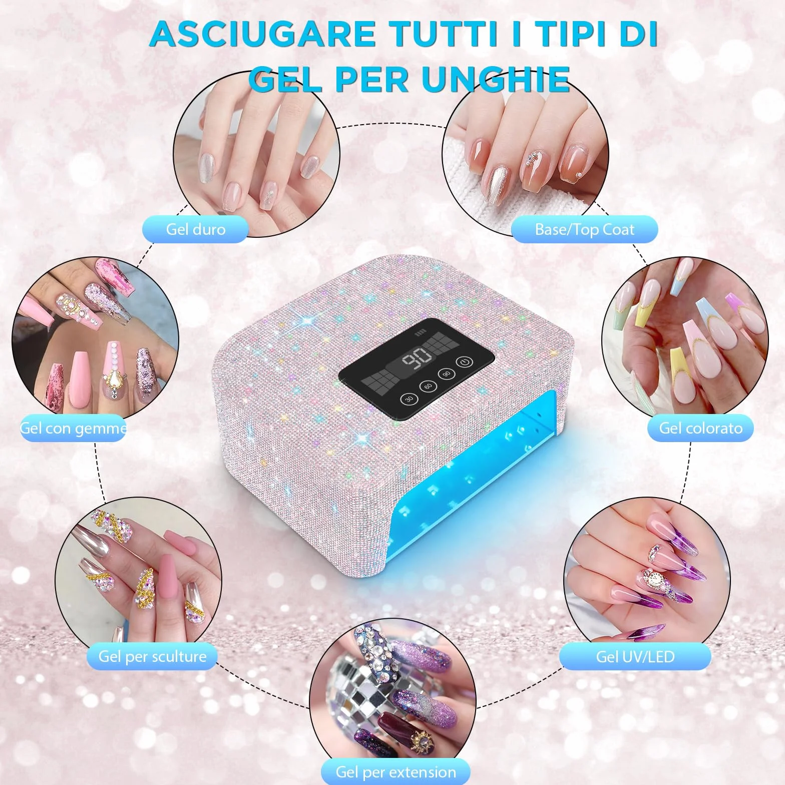 Lampada UV Ricaricabile Senza Fili per Unghie in Gel LED 4 Modalità Timer Strass Diamond per Unghie