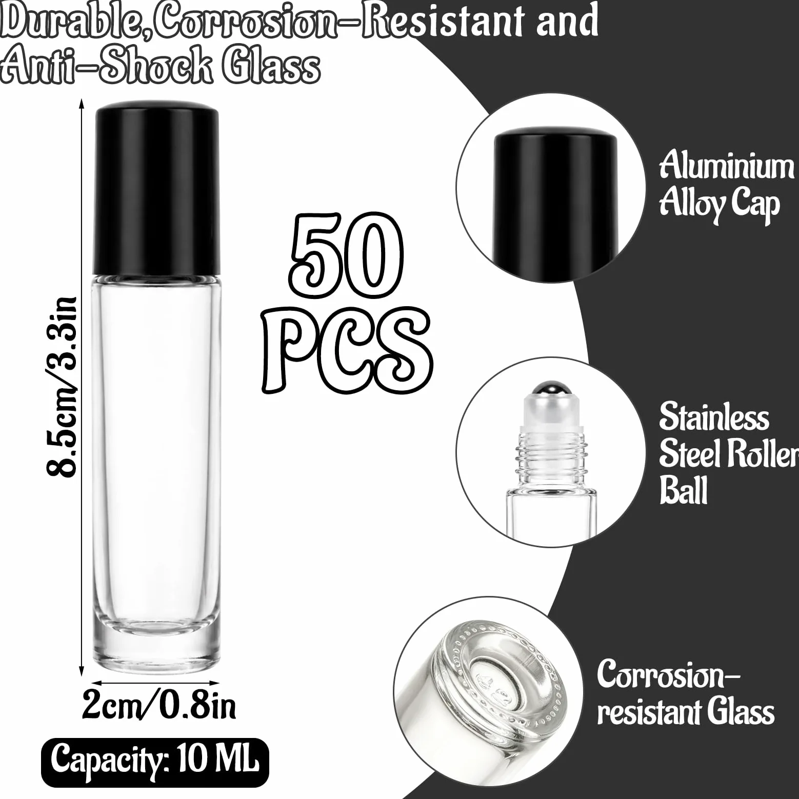 50 bottiglie roll-on da 10 ml in vetro trasparente per oli | Bottiglie in vetro trasparente per oli essenziali e profumi; 50 pezzi con sfere in acciaio, tappi neri, imbuti