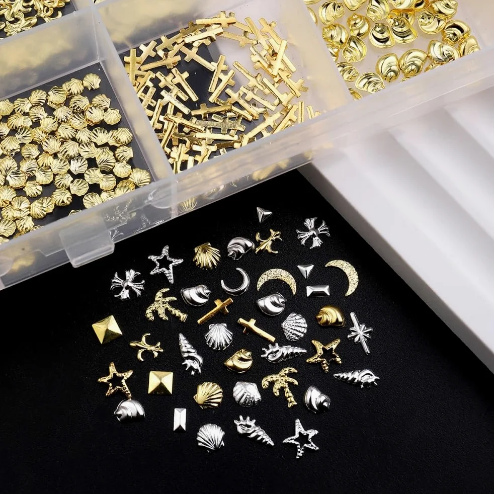 1 scatola oro argento ciondoli per unghie 3D in lega fiore gemme per unghie in metallo luna stella gioielli per unghie multi-forme oceano spiaggia stella marina conchiglia forniture per nail art con
