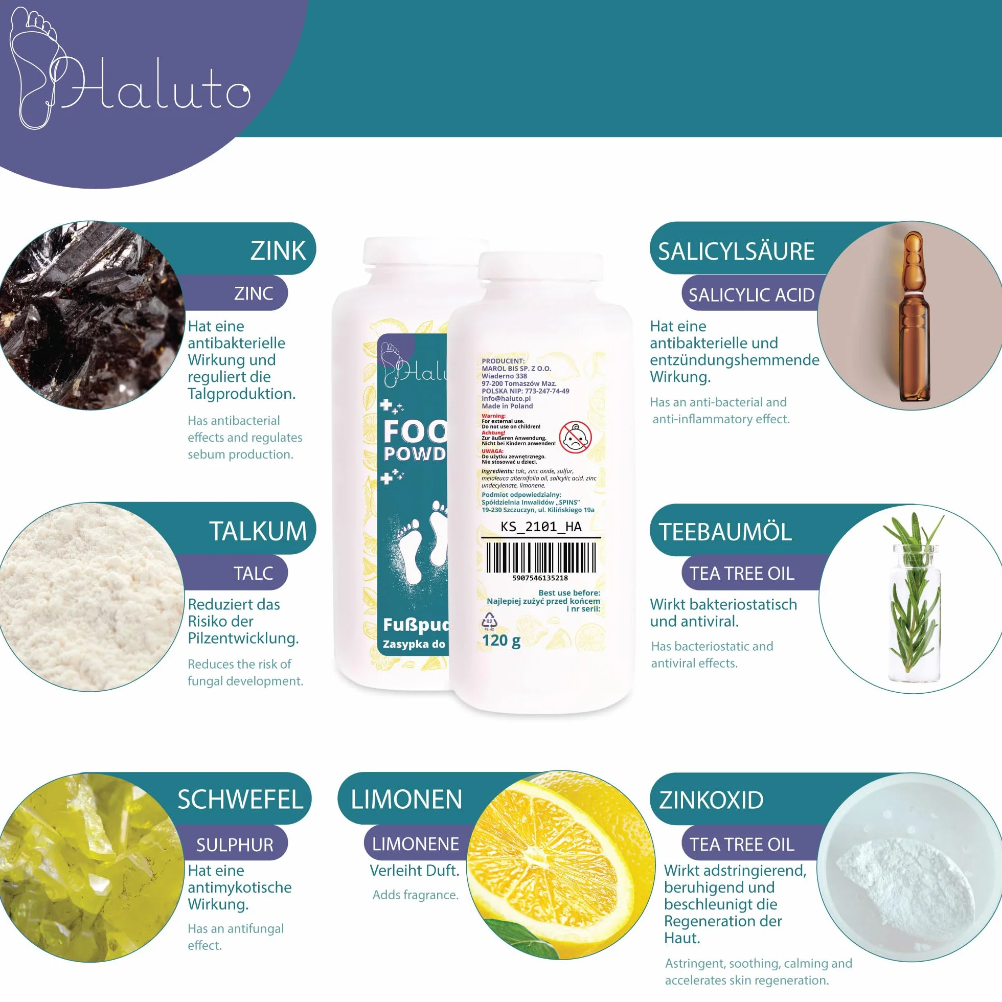 HALUTO Antibatterico Polvere Piedi - Talco Profumato - Elimina l'odore di Scarpe e Piedi - Naturale - Assorbono l'umidità - per Scarpe Sportive, da Lavoro e da Ginnastica