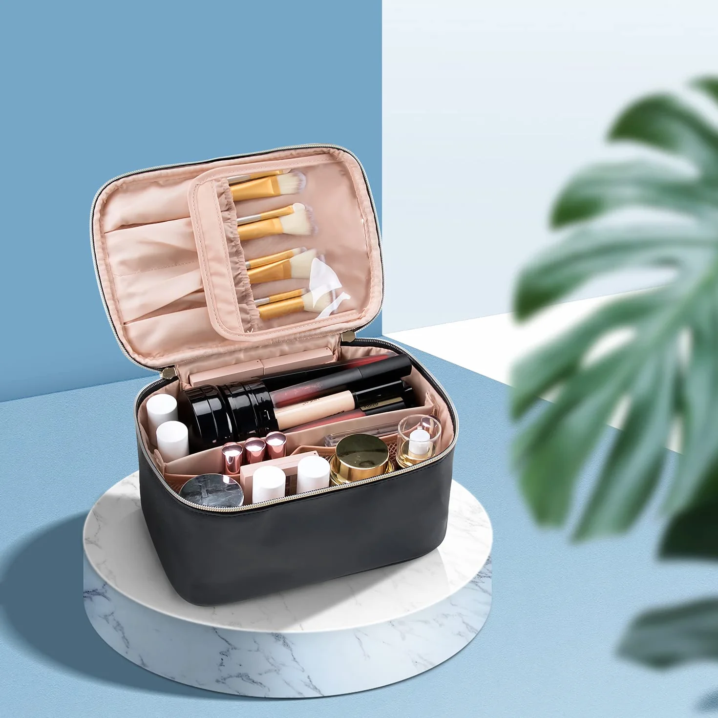 Borsa per il trucco, borsa cosmetica portatile, organizer per il trucco da viaggio, grande capacità, nera per donne, borsa da toeletta per ragazze con manico e divisorio da viaggio, A-Nero, Da viaggio