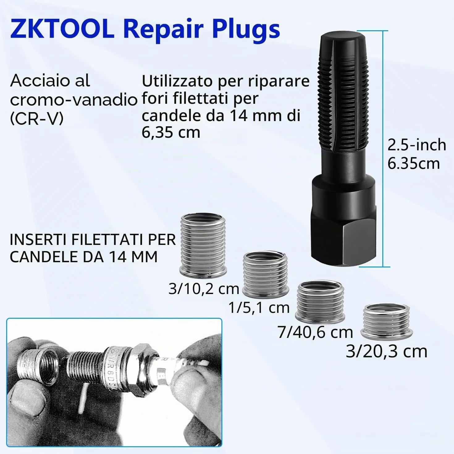 ZKTOOL M14 x 1.25 Kit Riparazione Filetti Helicoil Candele, Strumento Rethread Testa Cilindro 14mm