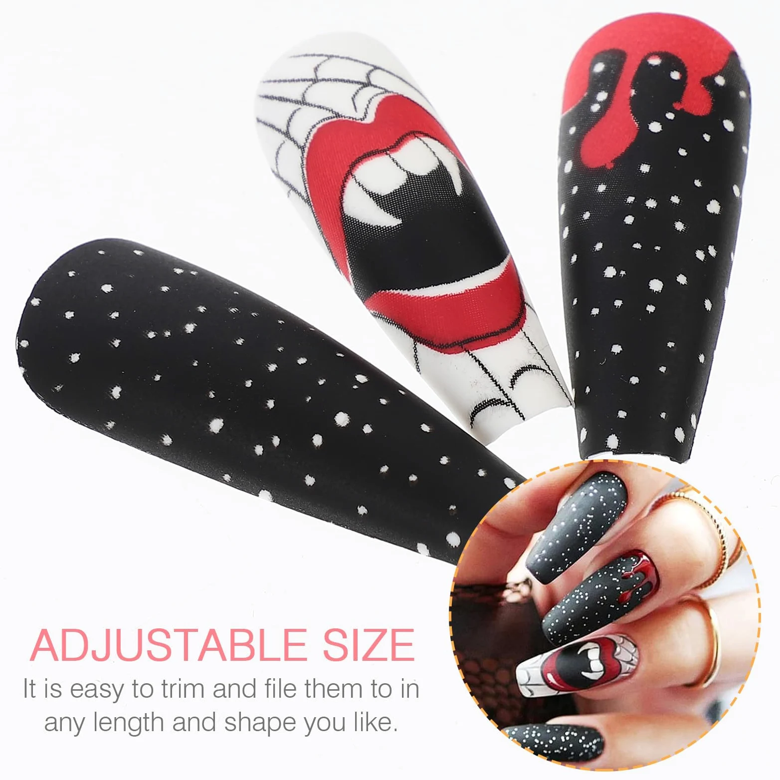 Mobestech 384 Pezzi Unghie Finte Lunghe per Halloween in Plastica Ultra Sottili Lunga Durata, Adesive la Vita Quotidiana e Decorazioni Nail Art