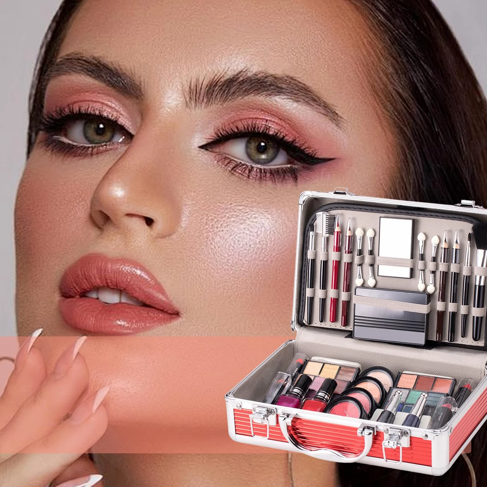 Set trucco per principianti, kit trucco per adolescenti - Set iniziale di | per adolescenti,Ombretto, fard, per sopracciglia, rossetto, smalto, pennello per sopracciglia con custodia