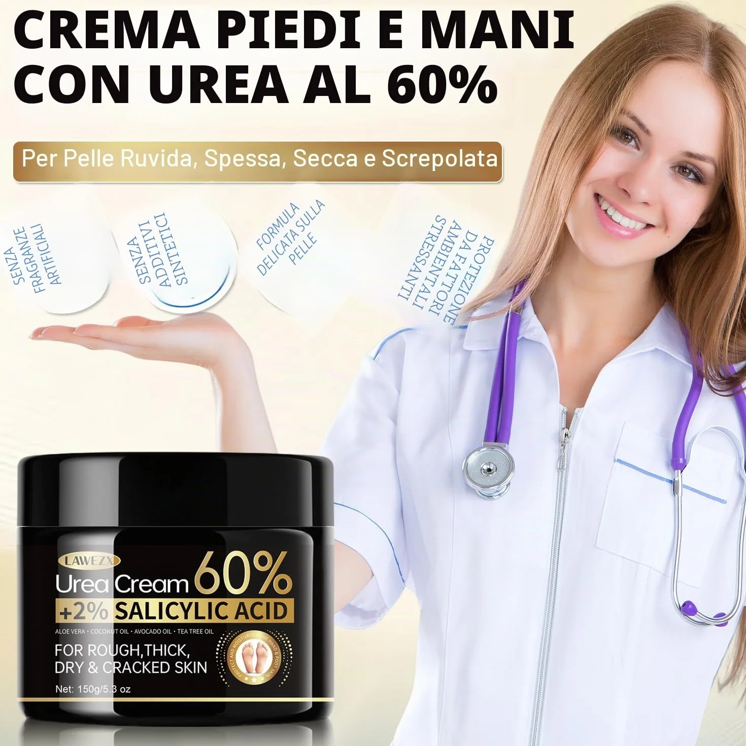 Crema Urea per Piedi e Mani, Crema Piedi Urea 60% con Acido Salicilico 2%, per Mani, Talloni, Gomiti e Ginocchia, Un'idratazione Profonda, Screpolati Rimozione e Ammorbidimento Dei Calli, 150g