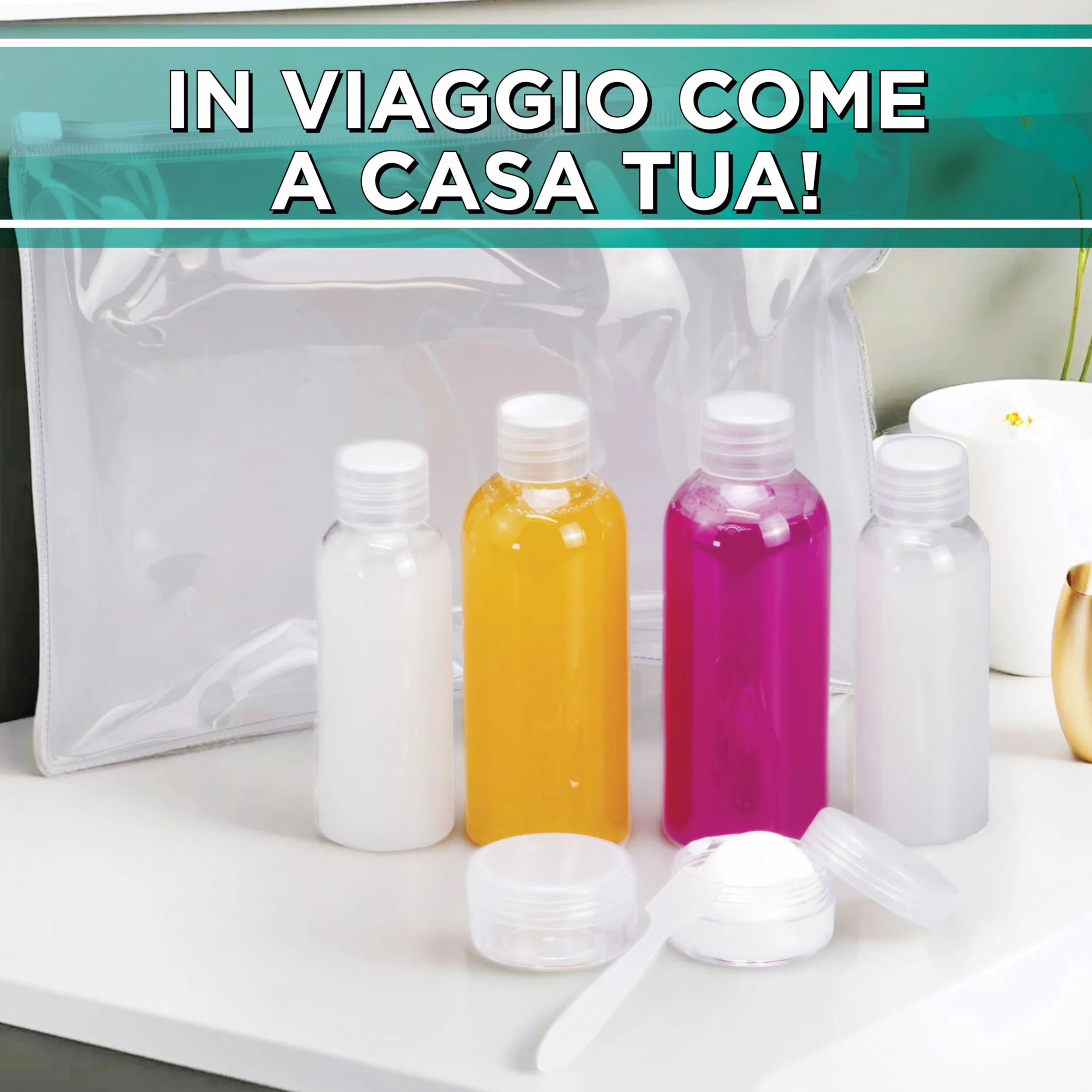 7 PZ Kit Viaggio Liquidi BENESSERE In Linea® - kit Liquidi Aereo - kit viaggio aereo - Travel kit 100 ml - Porta Liquidi da viaggio aereo - 2 flaconi 100 ml + 2 flaconi 50 ml + 2 Porta Crema / Lenti
