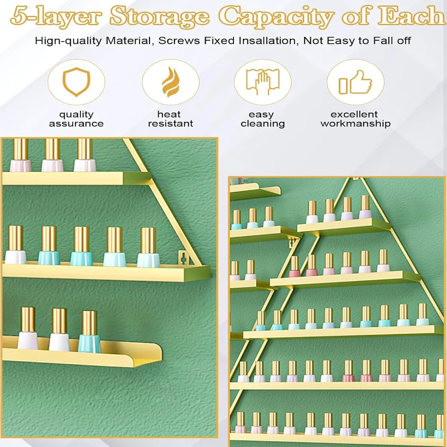 5 Set di 5 scaffali per smalto a triangoli in metallo, organizer da parete con 5 livelli, scaffale per smalto per unghie, profumo, rossetto, oli essenziali, oro