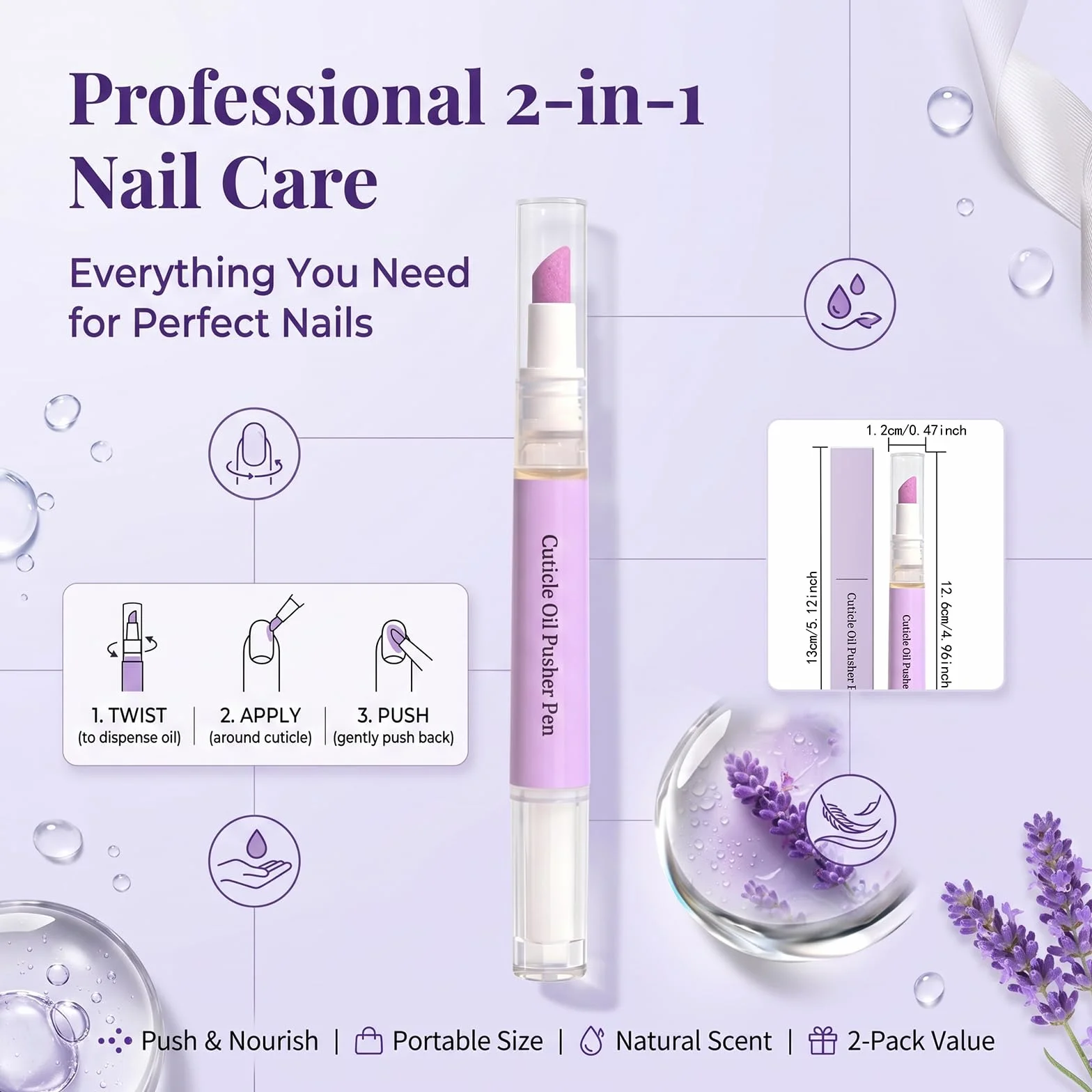 Penna Olio Cuticole 2 in 1 con Punta in Ceramica, Spingi Cuticole e Olio Cuticole Unghie, Cuticle Remover per Cuticole Secche e Danneggiate, Trattamento Idratante per Unghie (2 Pezzi)
