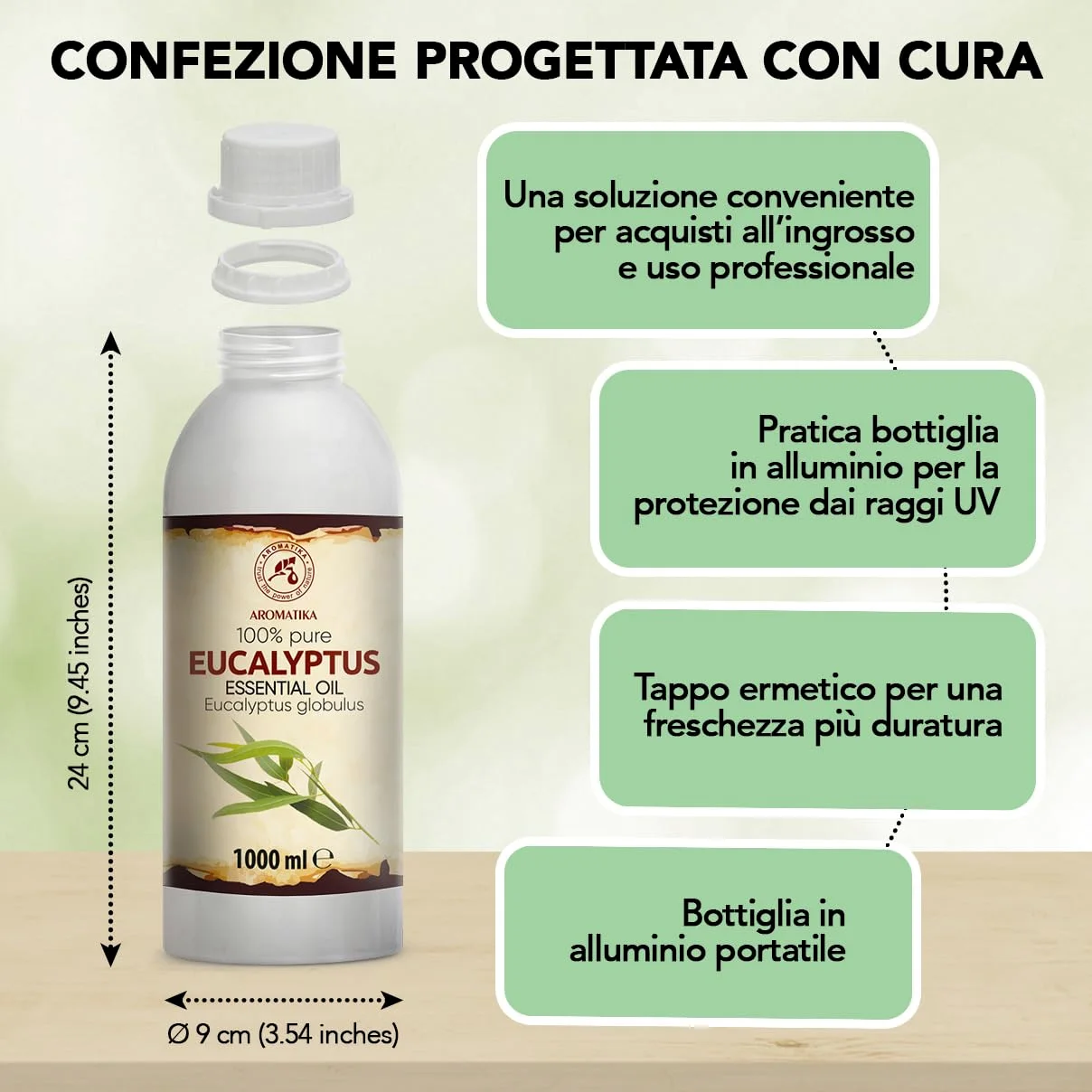 Olio Essenziale di Eucalipto 1000 ml - Eucalyptus Globulus - Naturale e Puro - Olio essenziali per Diffusori - Profumi per la Casa - Saponi e Candele - Sauna - Aroma Eucalipto - Aromaterapia
