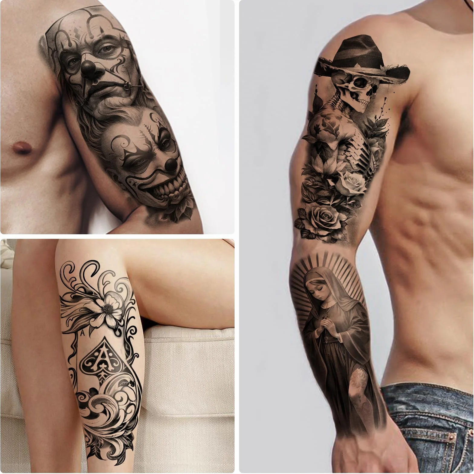 77 Fogli Tatuaggi Temporanei, Tatuaggi Finti Chicano Guadalupe Gangster Prigioniero Giorno dei Morti, Cultura Lowrider Messico Clown Tatuaggio Finto per Uomini Donne Adulti