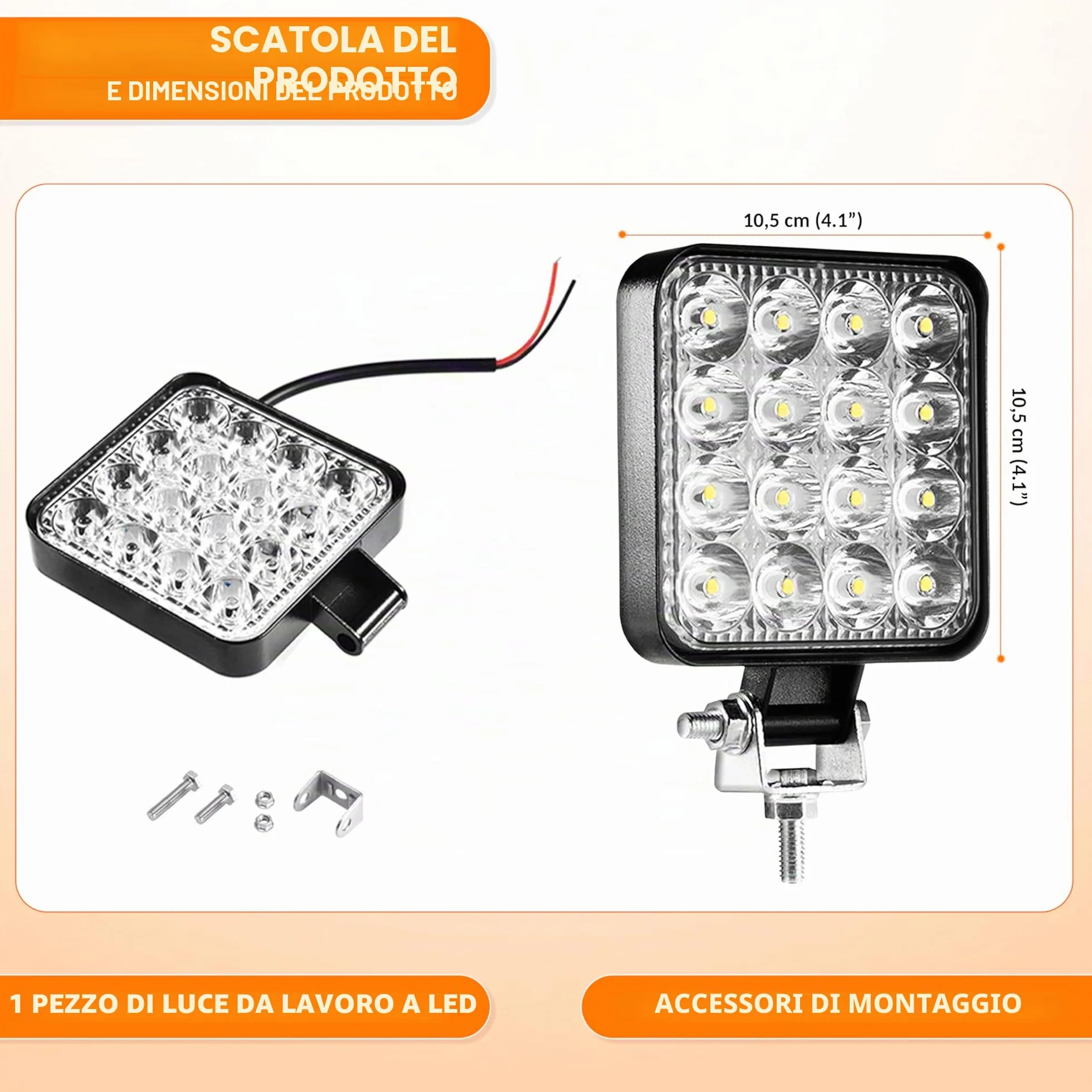 Fari Led Trattore 12V 24V Alluminio ABS 48W 16 LED 6500K 10.5 cm