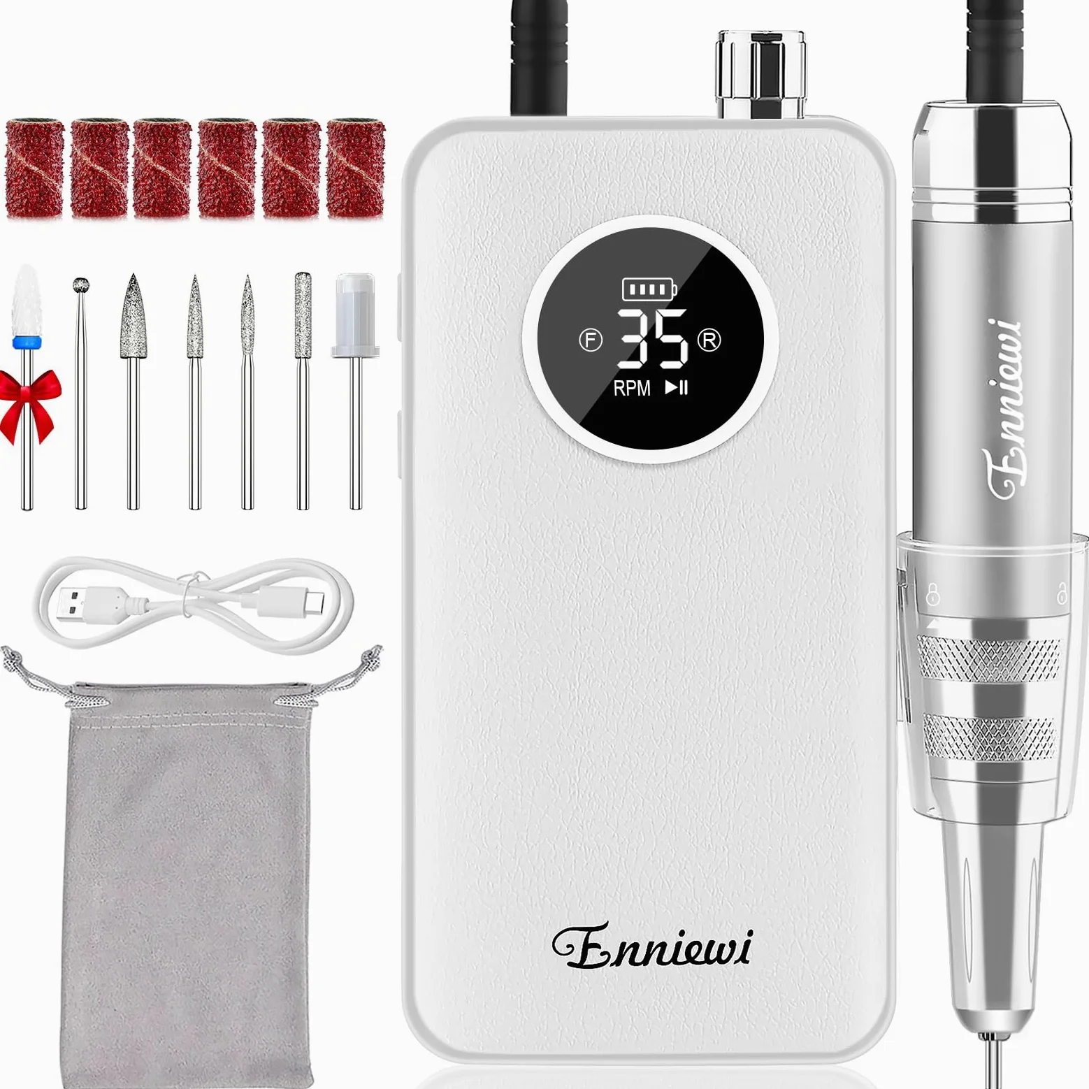 Fresa per Unghie Professionale 35000RPM per Unghie in Gel, Trapano Elettrico Ricaricabile con Display LED, Portatile, Kit Professionale per Manicure e Pedicure per Casa e Salone, 48W, Bianco