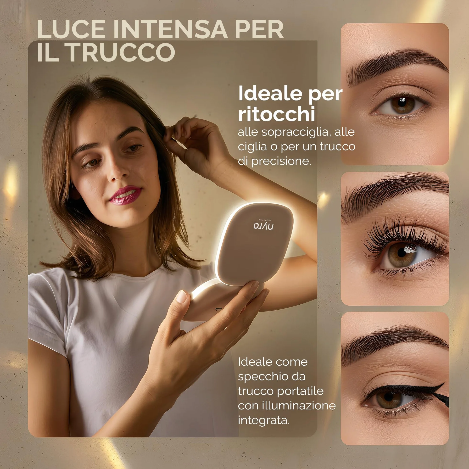 Specchio da viaggio a LED ricaricabile Nyra, 3 modalità luce, luminosità regolabile, ingrandimento x1 x3, batteria 400 mAh, ricarica tipo C