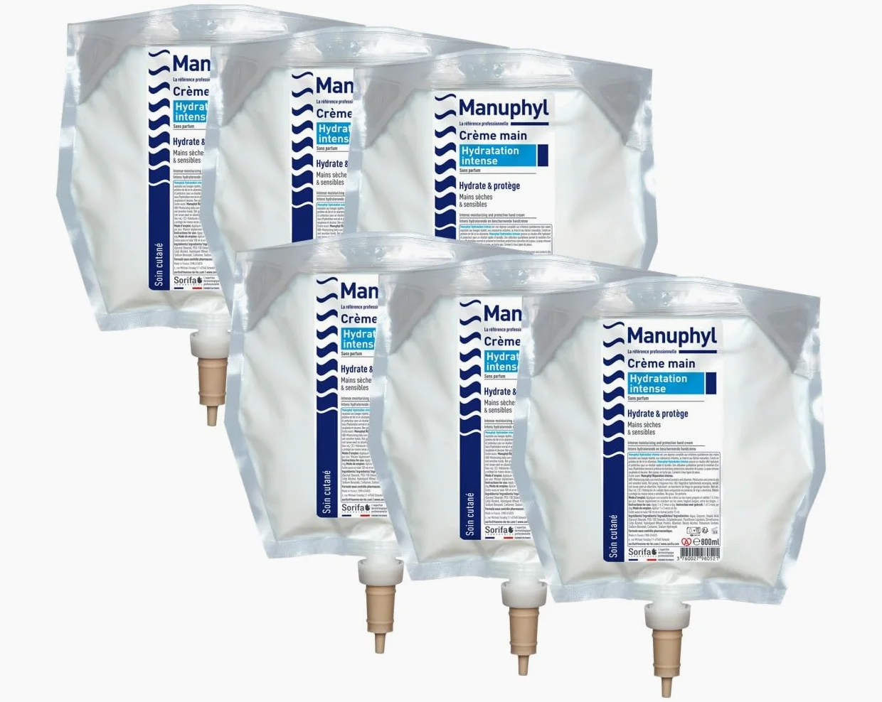 Set di 6 mani Manuphyl Crema Idratazione Intensa - Idratante e protettivo - Mani secche e sensibili - Non grassa, senza profumo, arricchito con allantoine e proteine del grano - Tasca 800 ml