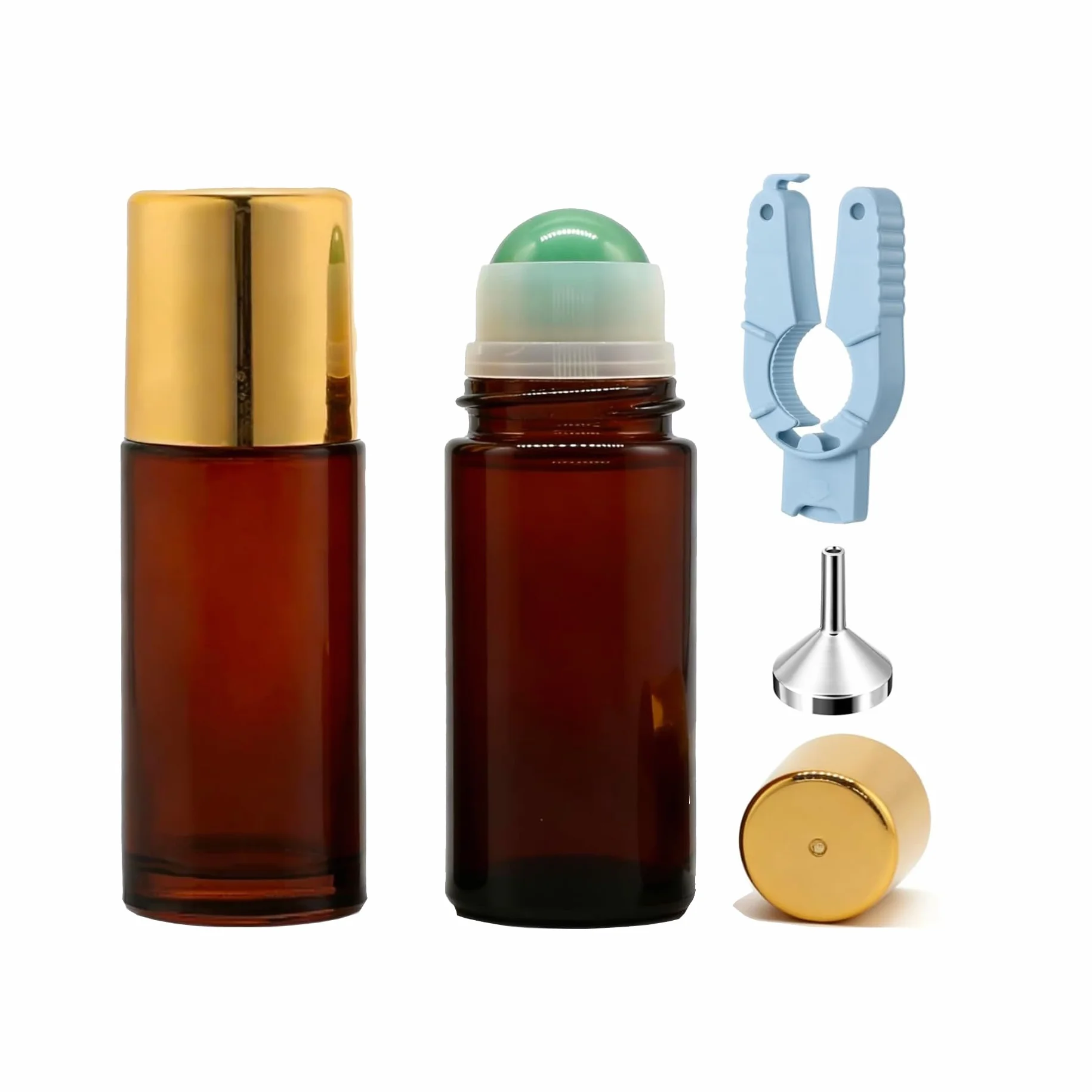 Roll-On 50ml Vuoto (Confezione da 2) in Vetro Ambra con Sfera in Quarzo Rosa e Pietra Verde – Flacone per Olio Essenziale, Deodorante Fai da Te – Include Apriscatole