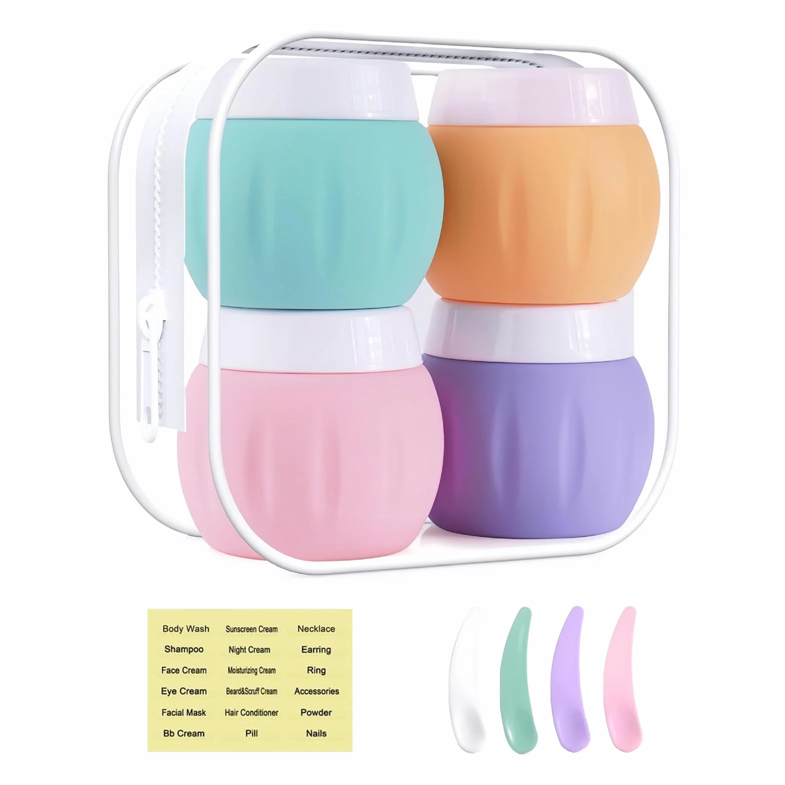 Janety 4 Pezzi Contenitori da viaggio per articoli da toeletta, 50 ml Porta Creme da Viaggio, Barattoli in Silicone per Crema con Sacchetto Trasparente, Etichette e Piccole Spatole