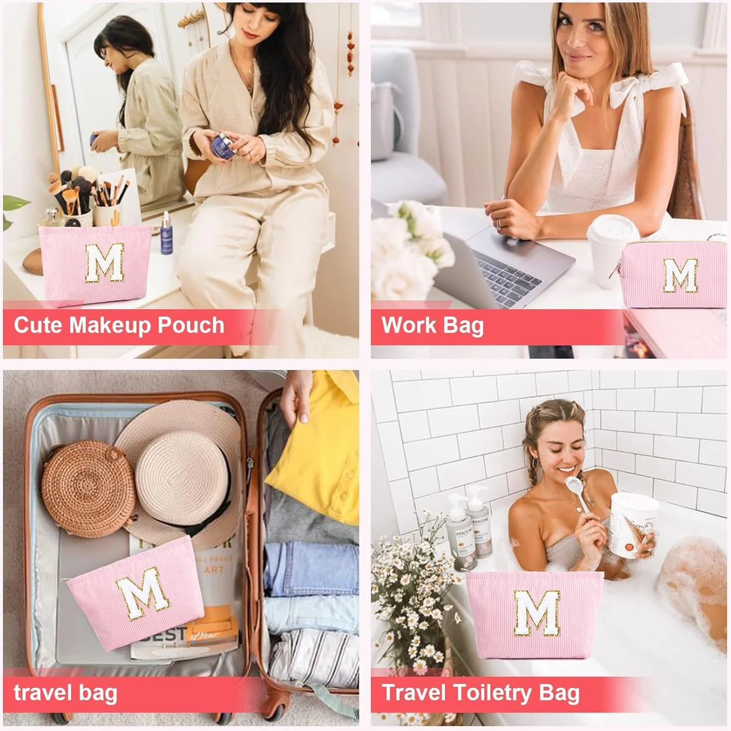 Borsa per Cosmetici Donna Iniziale Pochette Trucchi Viaggio Trousse Organizer Grande Rosa Beauty Case Regalo(M)